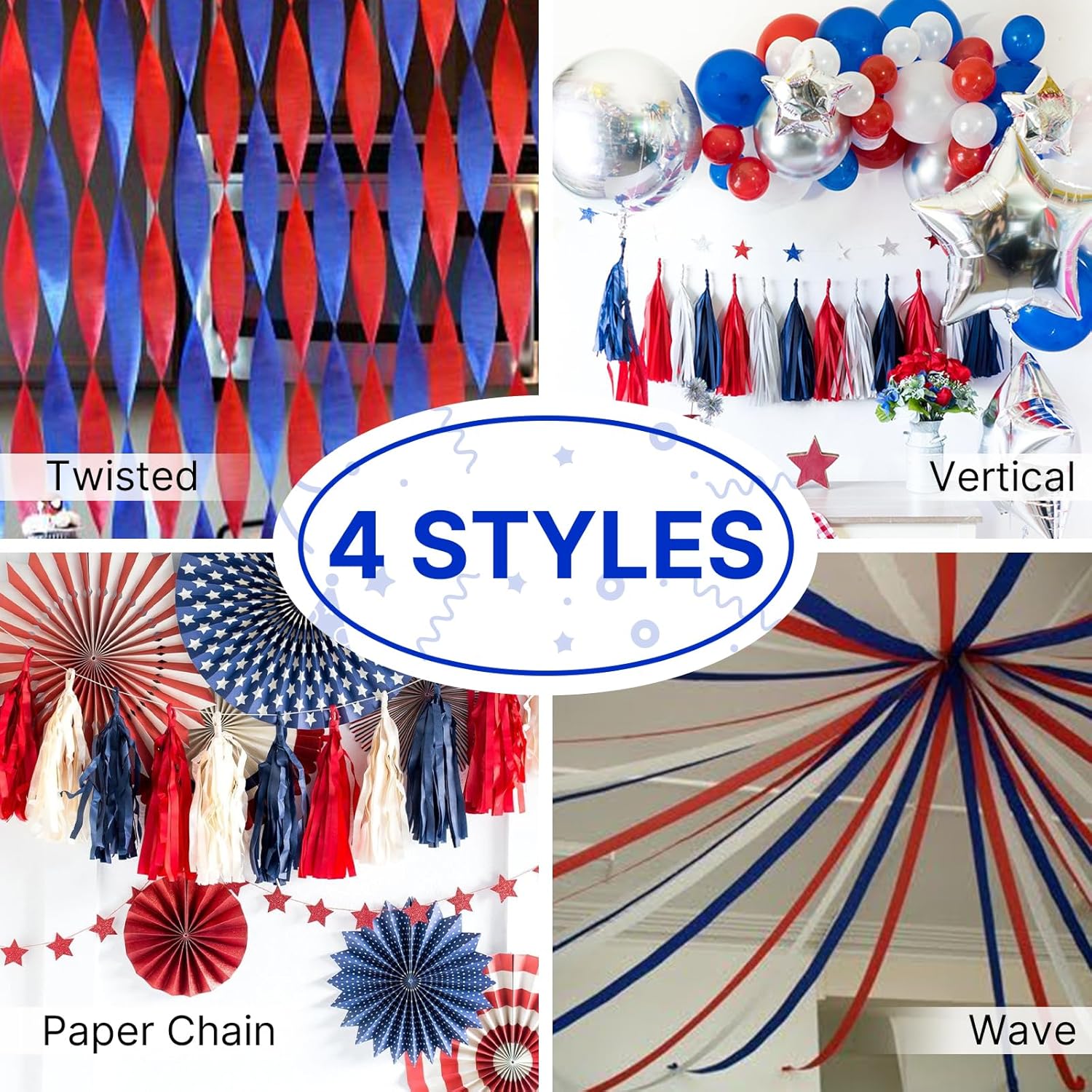 PartyWoo Large Crepe Paper Streamers 3 Rolls 393ft Royal Blue Red Yellow