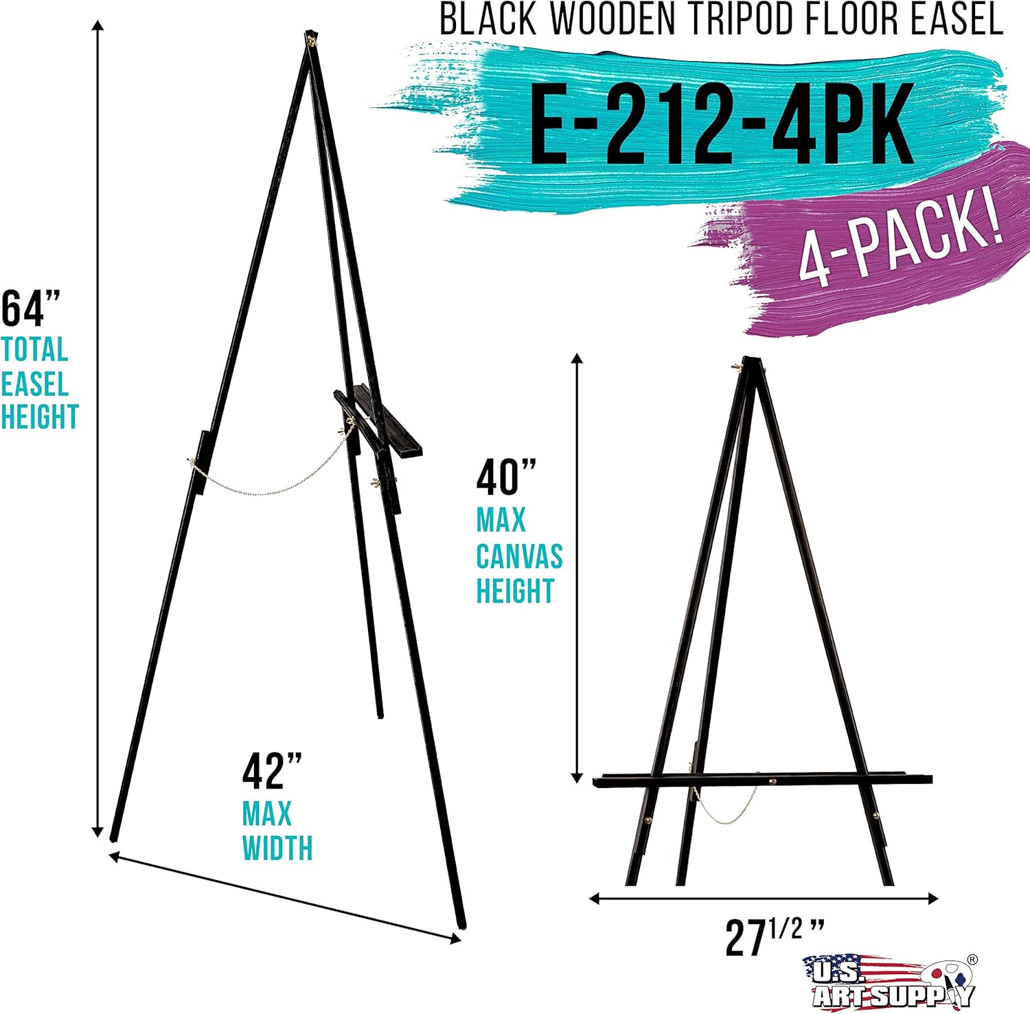 US Art Supply 64 Inch Black Wooden Easel 4 Pack