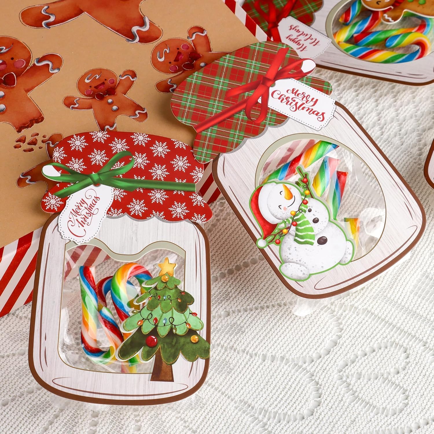 Giiffu 48 Pack Christmas Mason Jar Cards with Clear Treat Bags