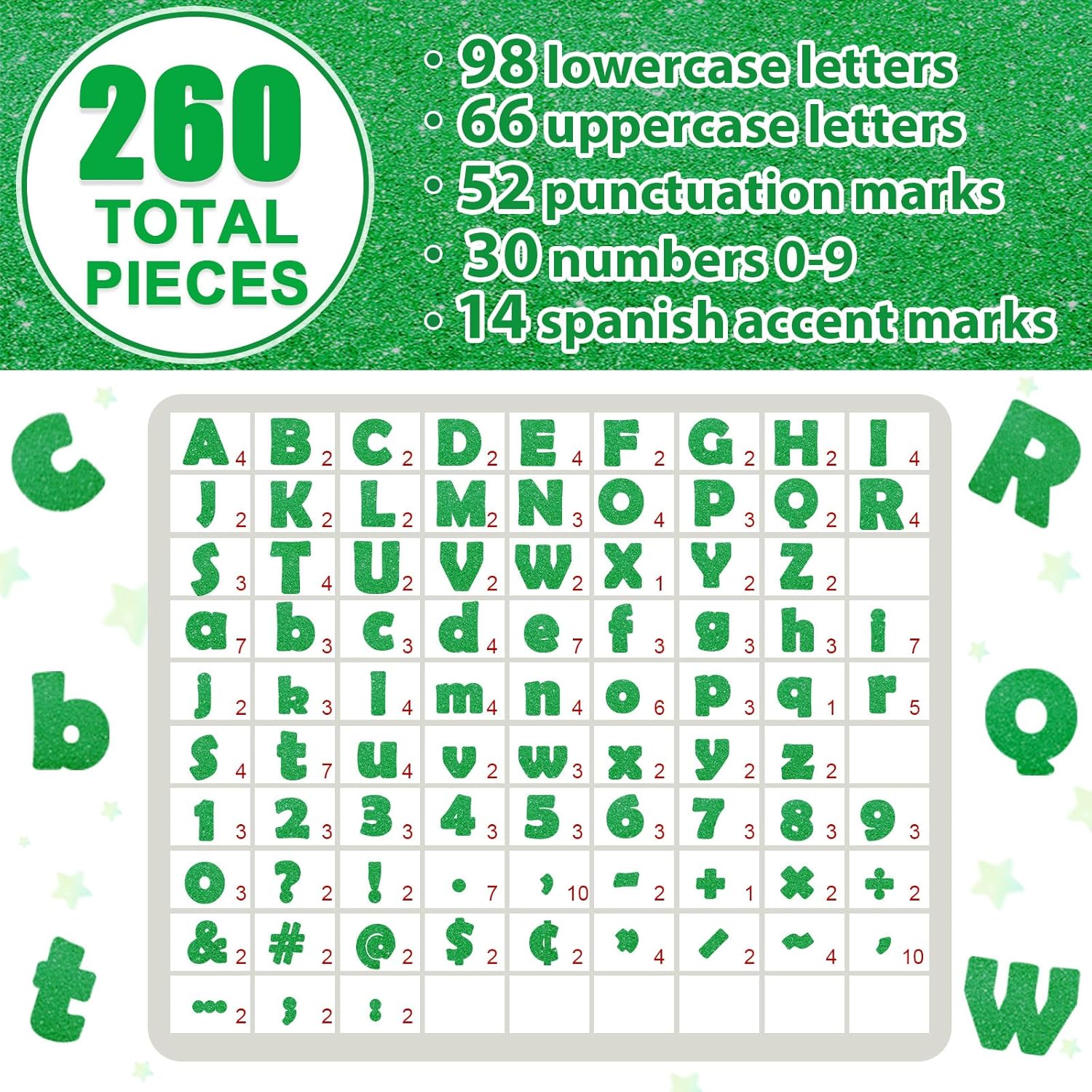 260Pcs Glitter Green Bulletin Board Letters Set for Classroom