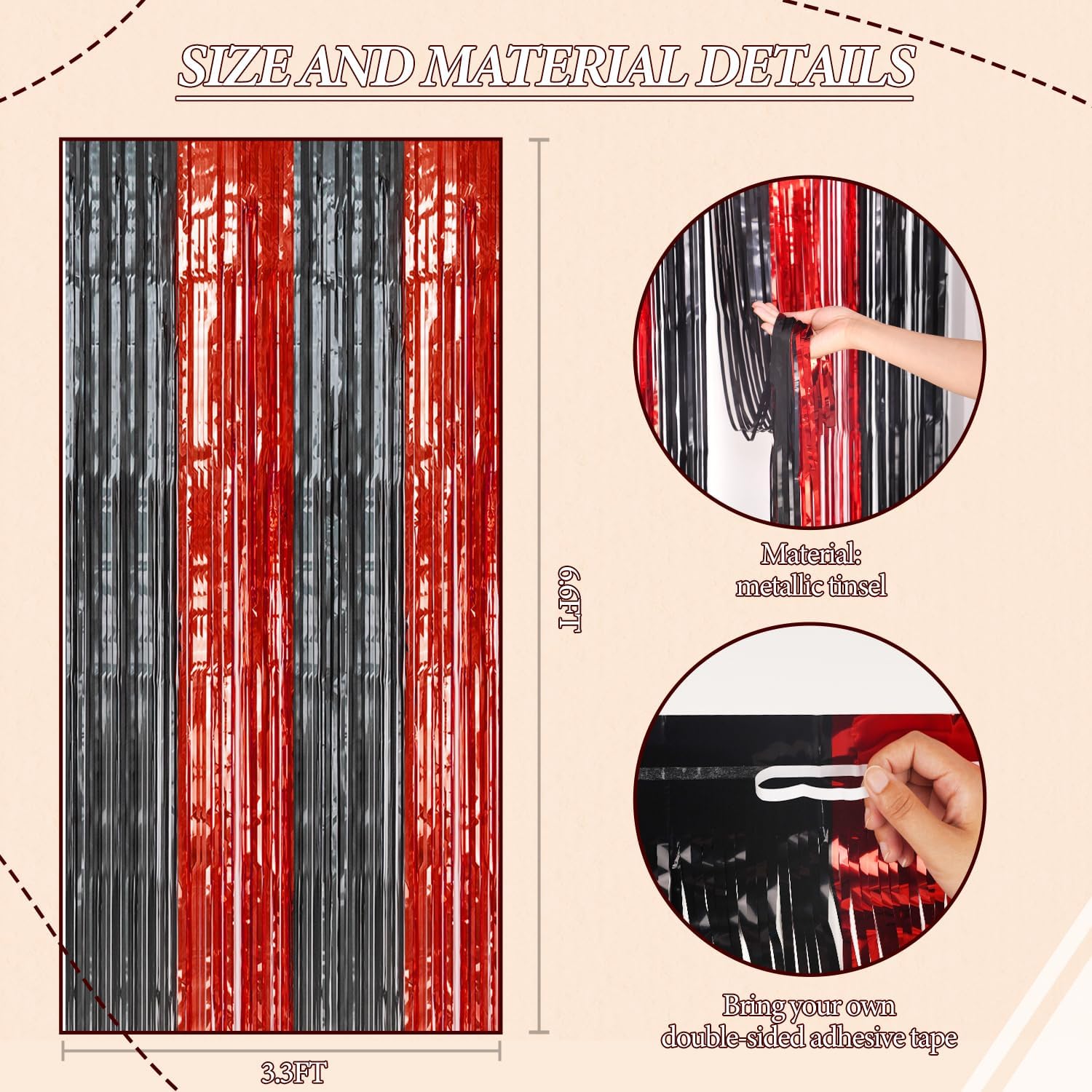 2 Pack Foil Fringe Backdrop Red Black Shiny Tinsel Curtains