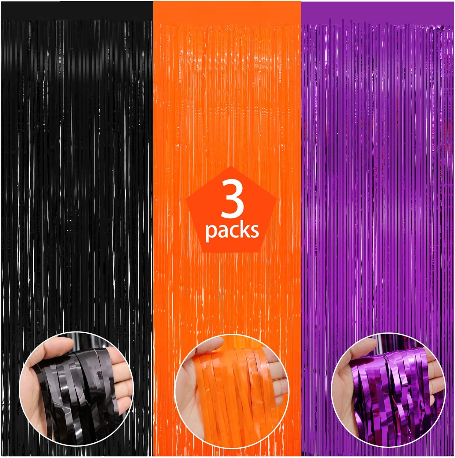 3 Pack Halloween Black Orange Tinsel Curtain Backdrop