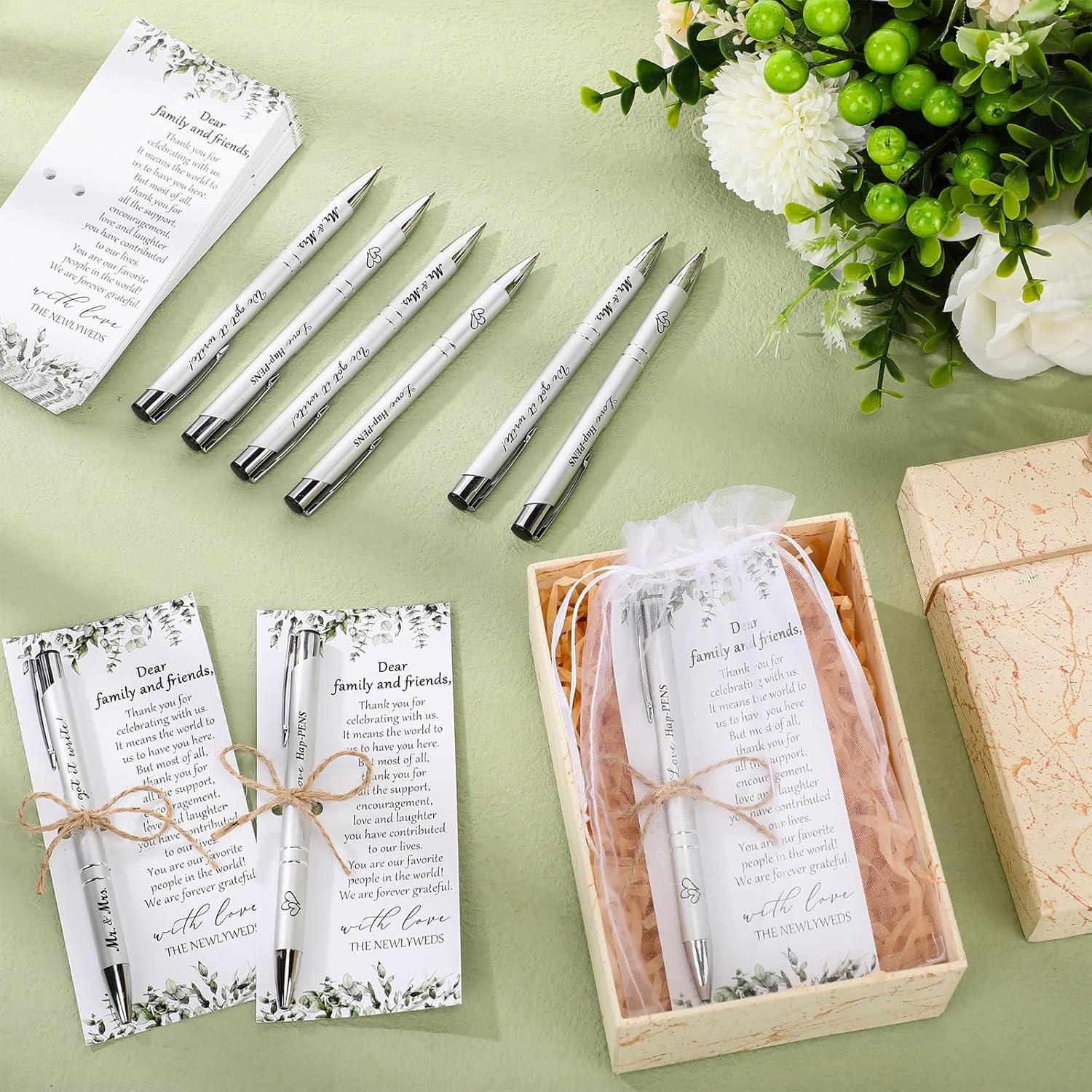 50 Wedding Favors with Pens Cards and Bags