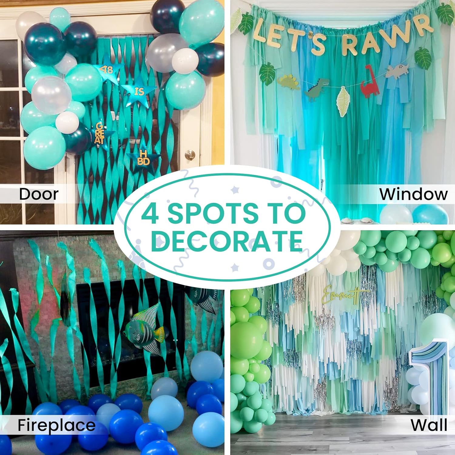 PartyWoo Crepe Paper Streamers 4 Rolls 328ft Mint Green