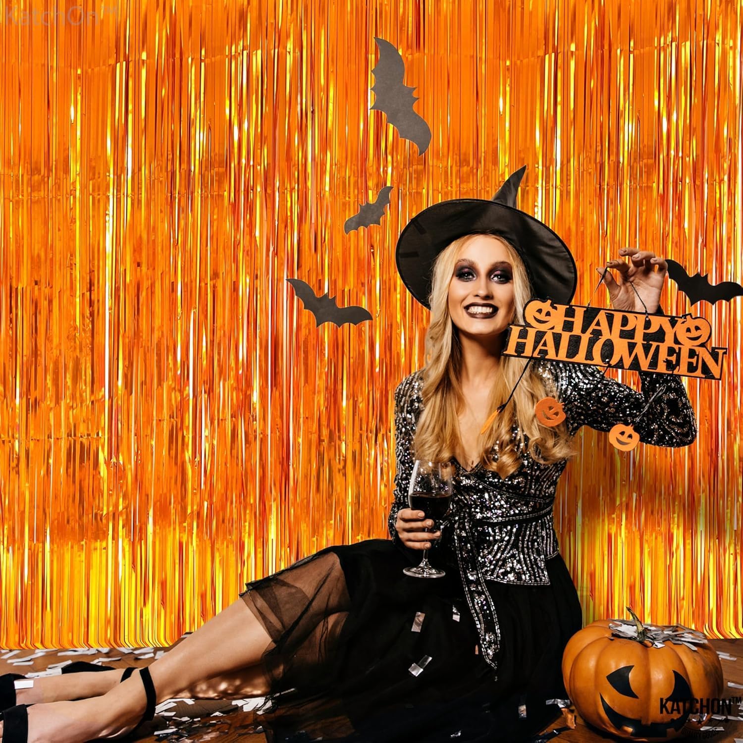 KatchOn XtraLarge Orange Fringe Backdrop Curtain 32x8 Feet Pack of 2