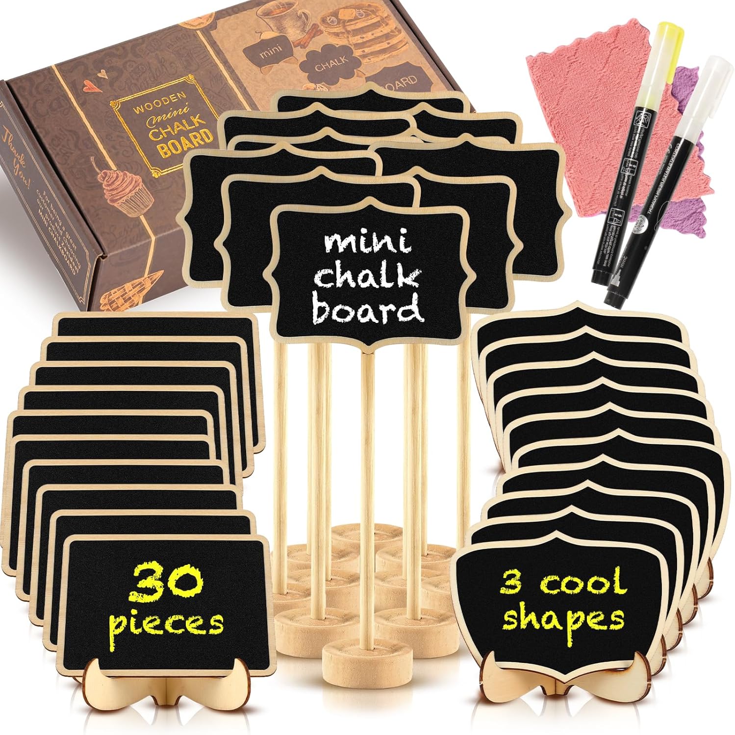 Mini Chalkboard Signs 30 Pack with Wooden Stand
