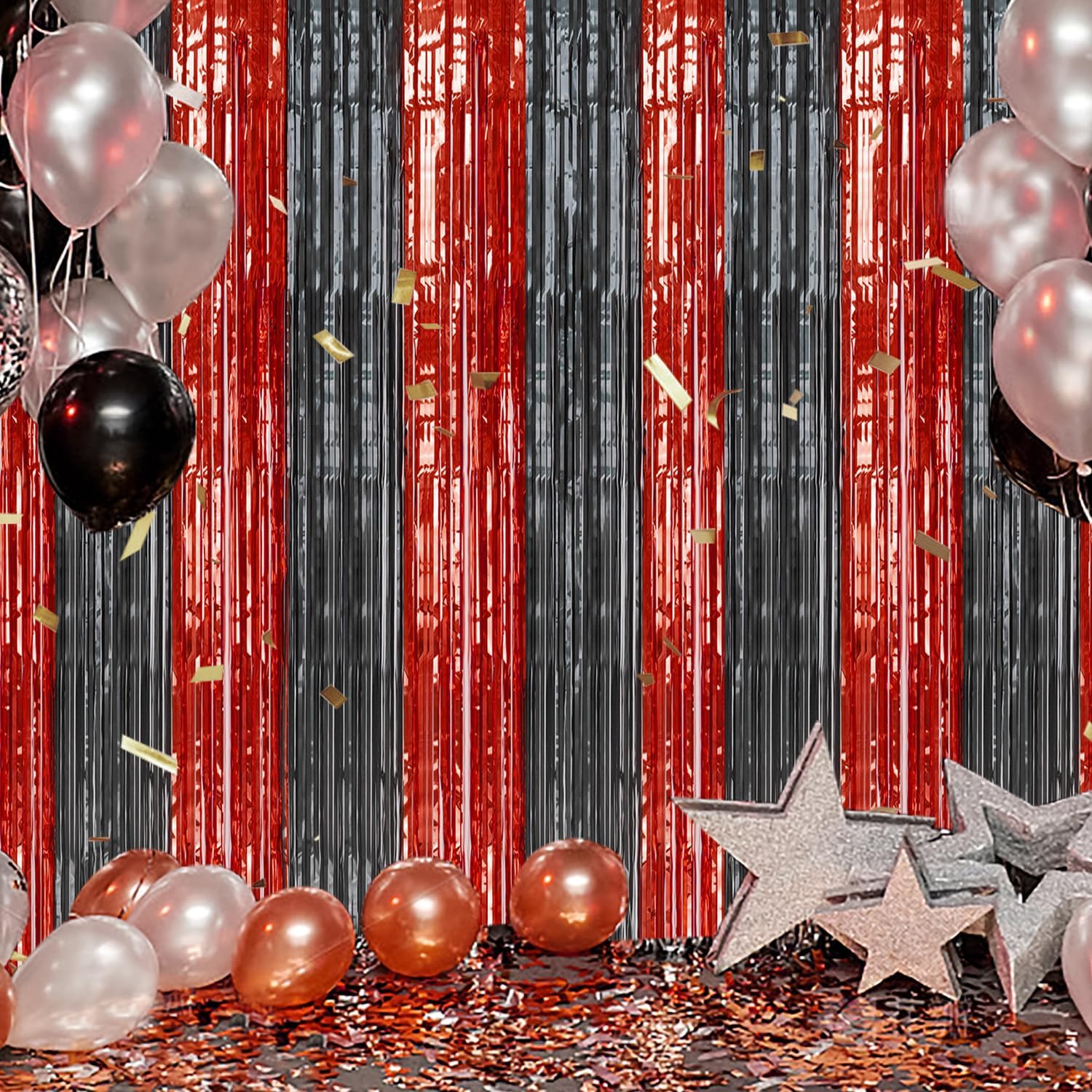 2 Pack Foil Fringe Backdrop Red Black Shiny Tinsel Curtains
