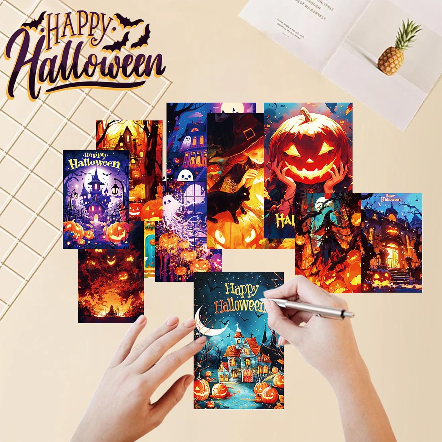 50 Halloween Cartoon Postcard Set - Ghost Witch Pumpkin Cat Custom Gift Cards