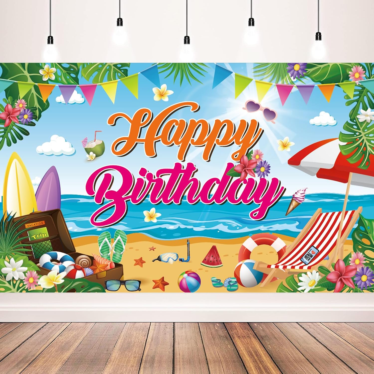 Aushenke Summer Beach Birthday Backdrop Banner 71x43 Inches