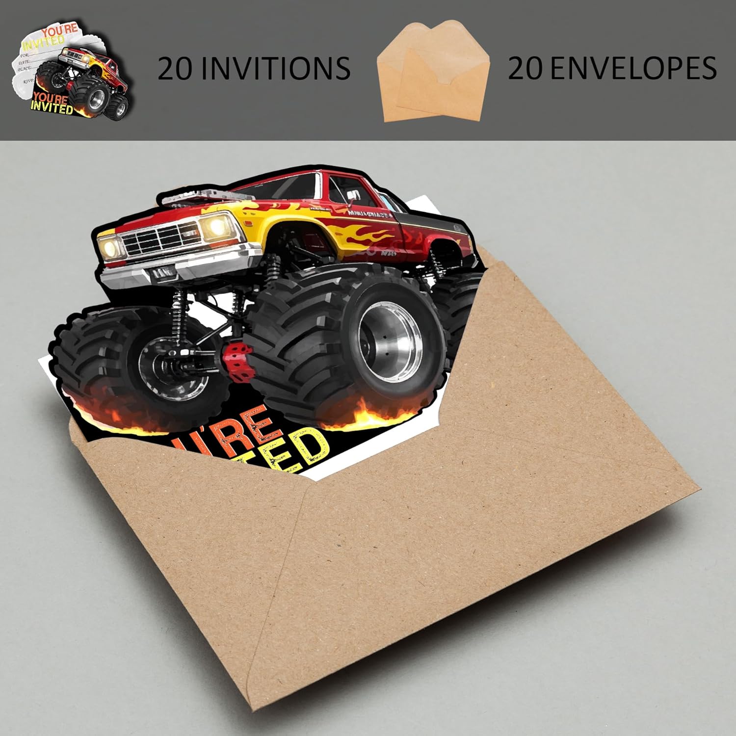 Monster Truck Party Invitations 20-Pack with Envelopes