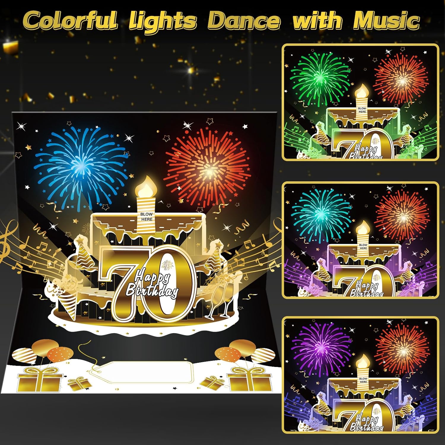 70th Birthday 3D Pop Up Cake Card with Fireworks and Music