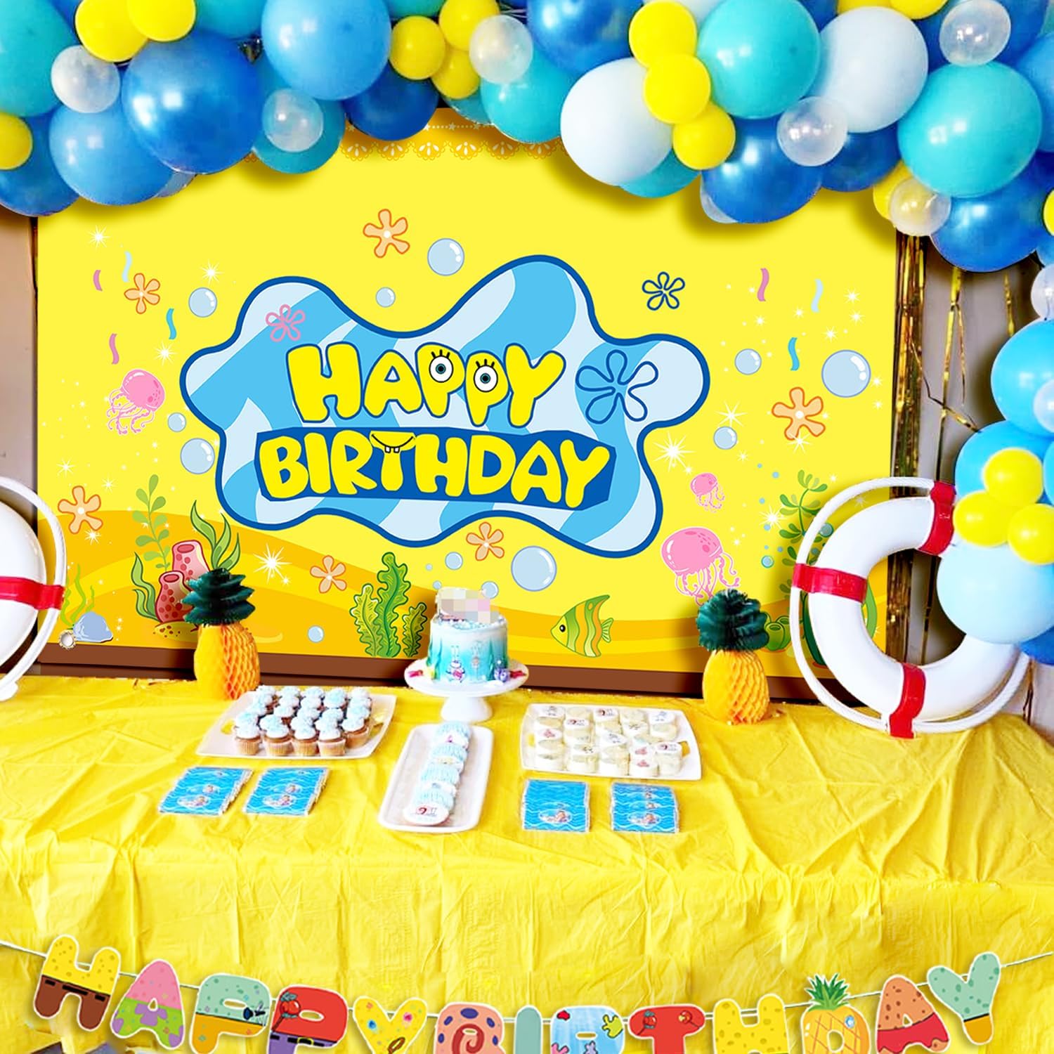DUNSEO Cartoon Sponge Birthday Banner 5x3ft Backdrop