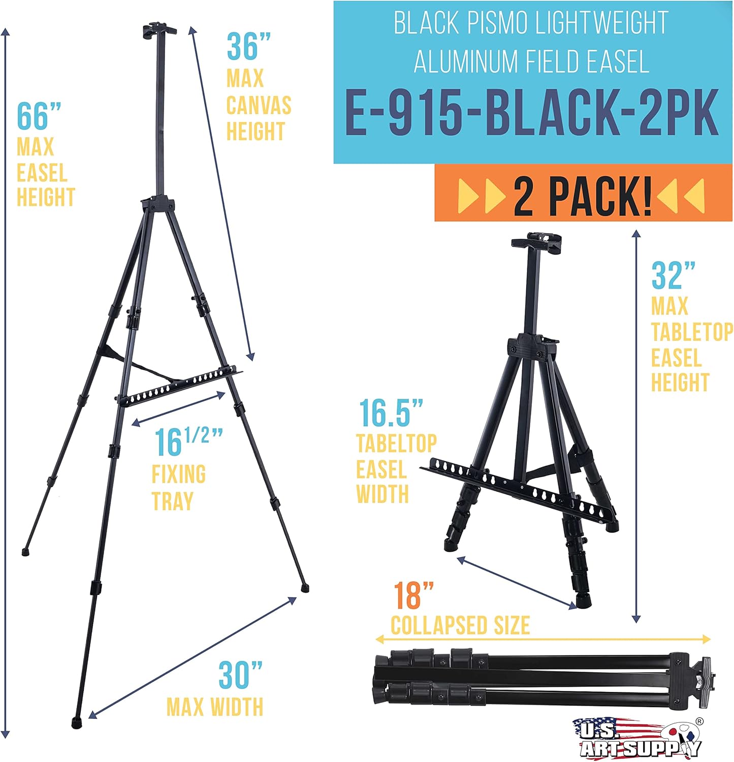 US Art Supply 66 Inch Black Metal Tripod Easel Set of 2