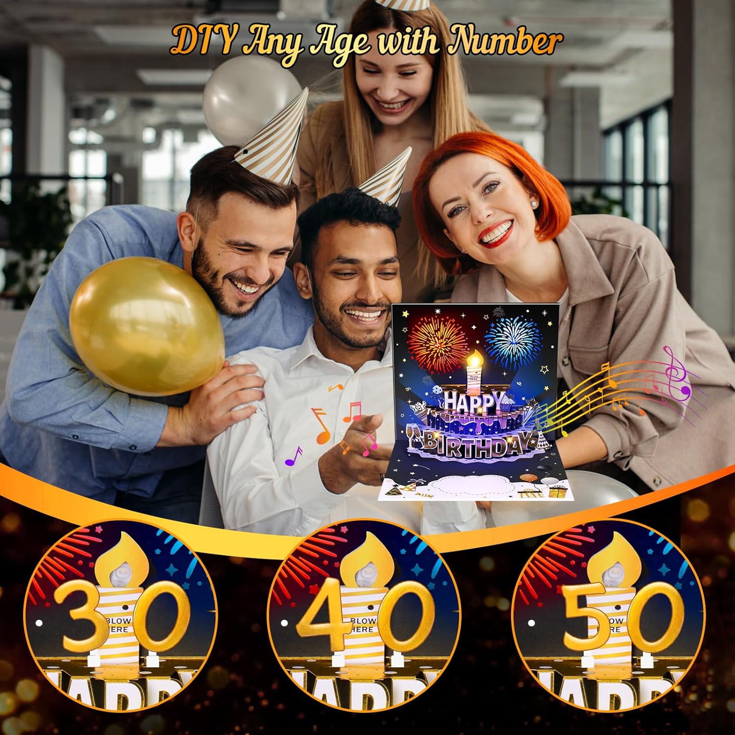 INPHER Age Birthday Card with Light Music Fireworks Pop Up Cake