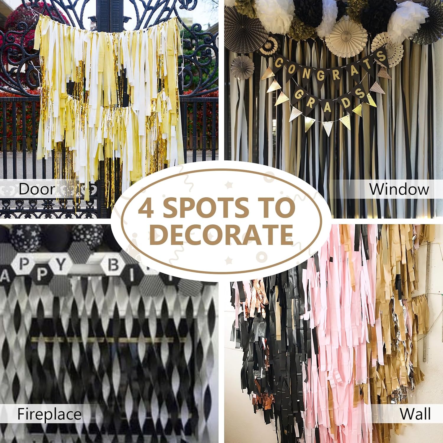 PartyWoo Crepe Paper Streamers 6 Rolls Black Gold