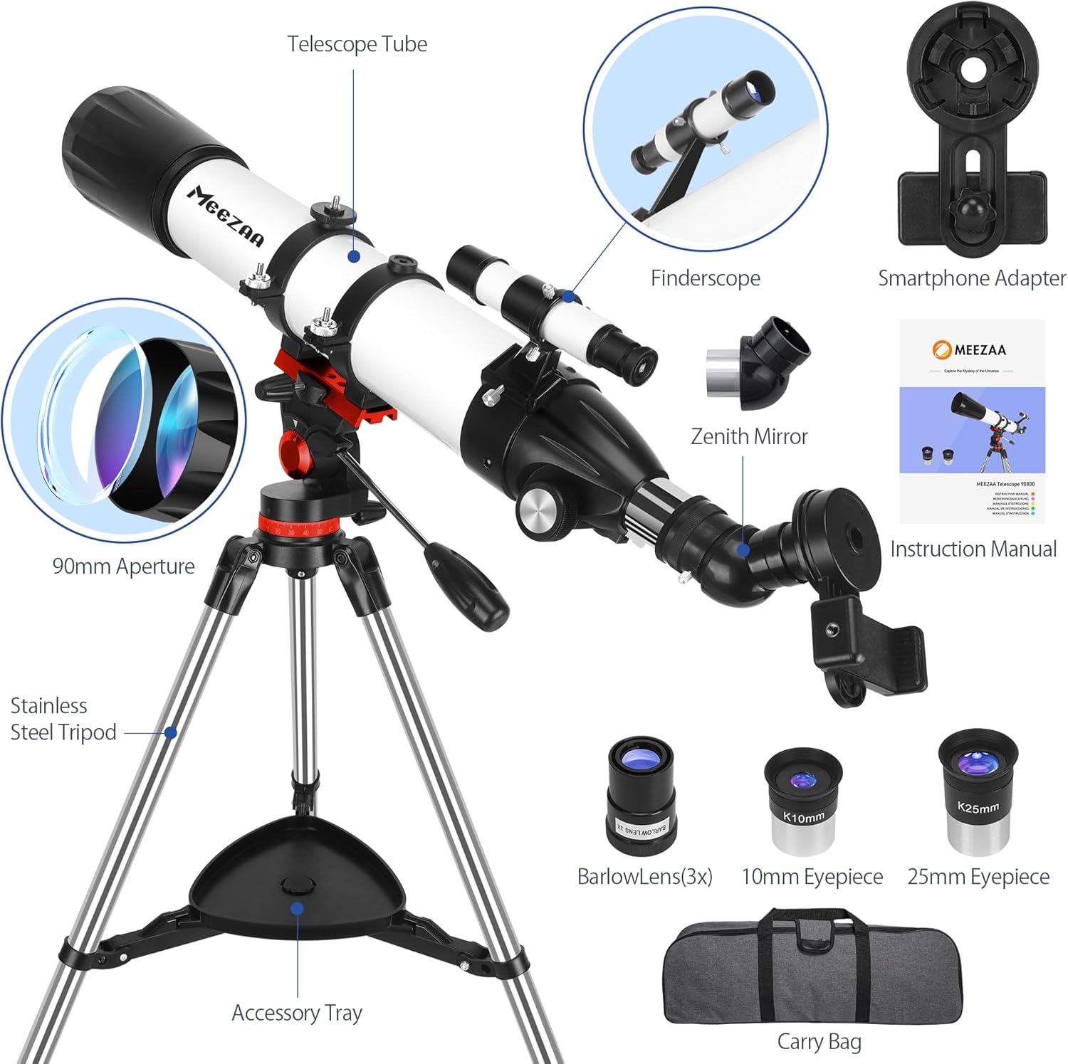 MEEZAA High-Powered Refractor Telescope with 90mm Aperture and AZ Mount