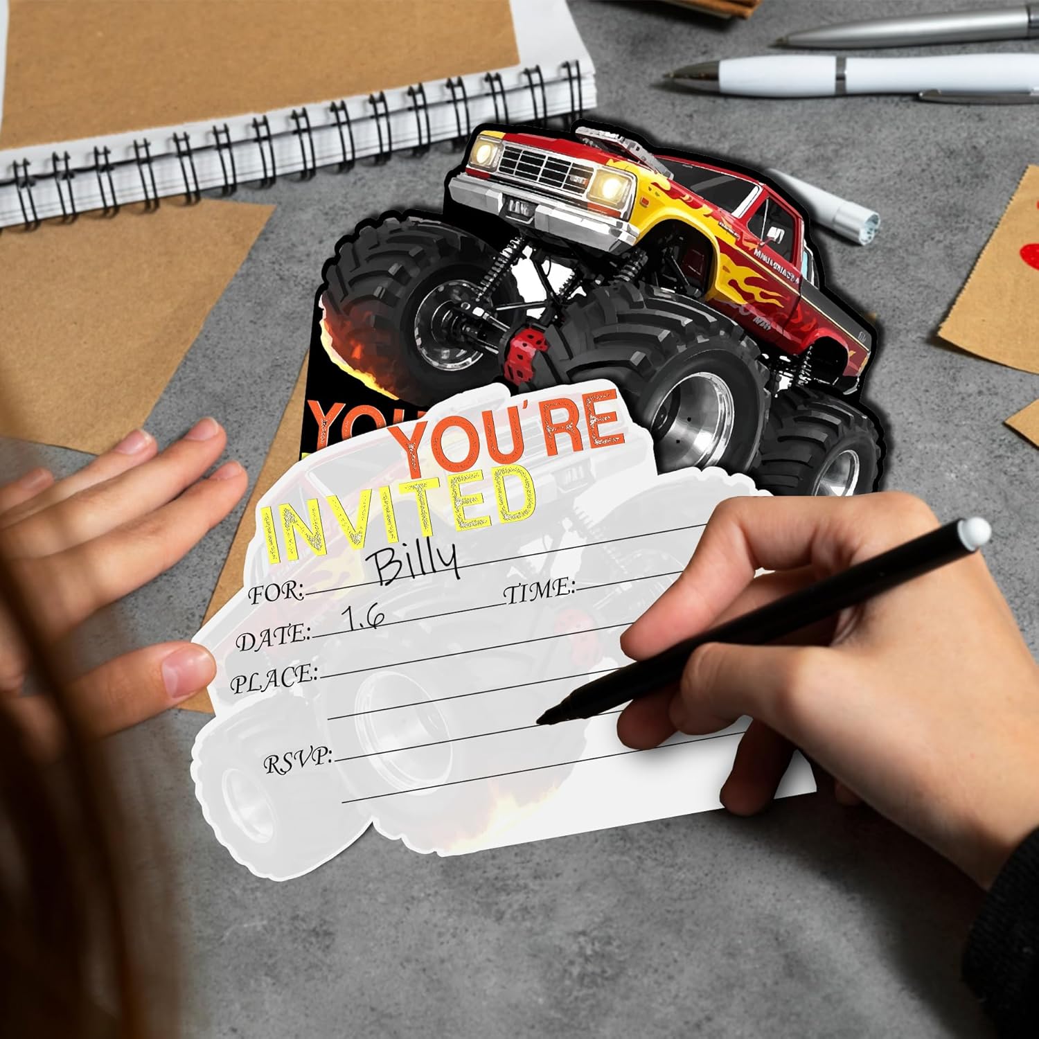 Monster Truck Party Invitations 20-Pack with Envelopes