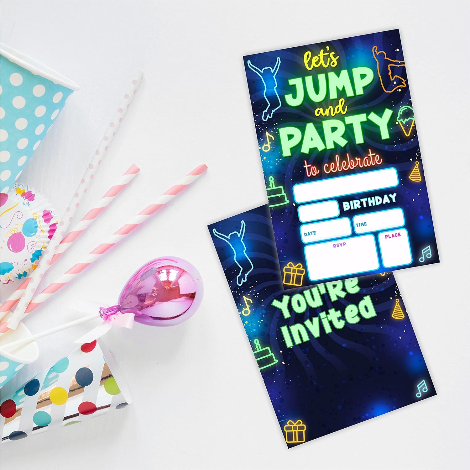 Glow Trampoline Birthday Invitations 20 Count With Envelopes