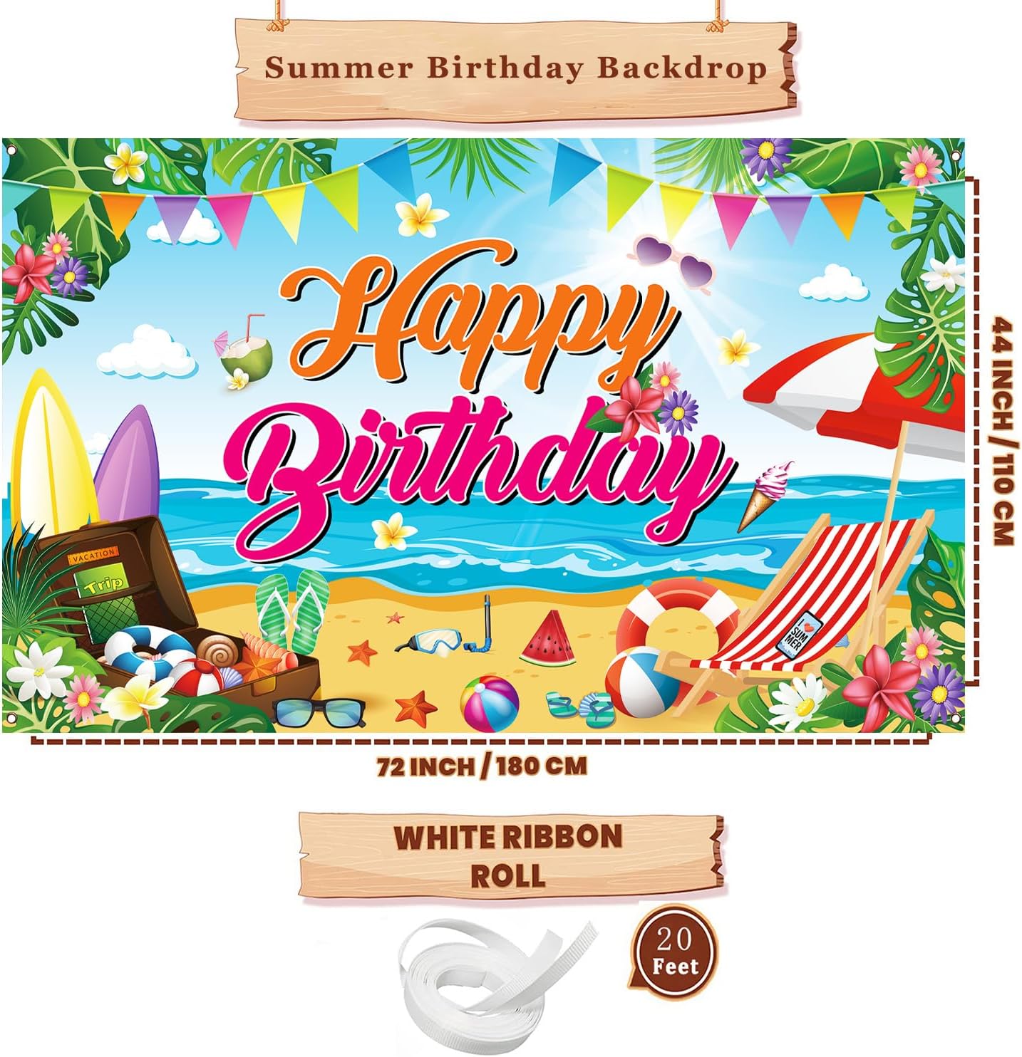 Aushenke Summer Beach Birthday Backdrop Banner 71x43 Inches