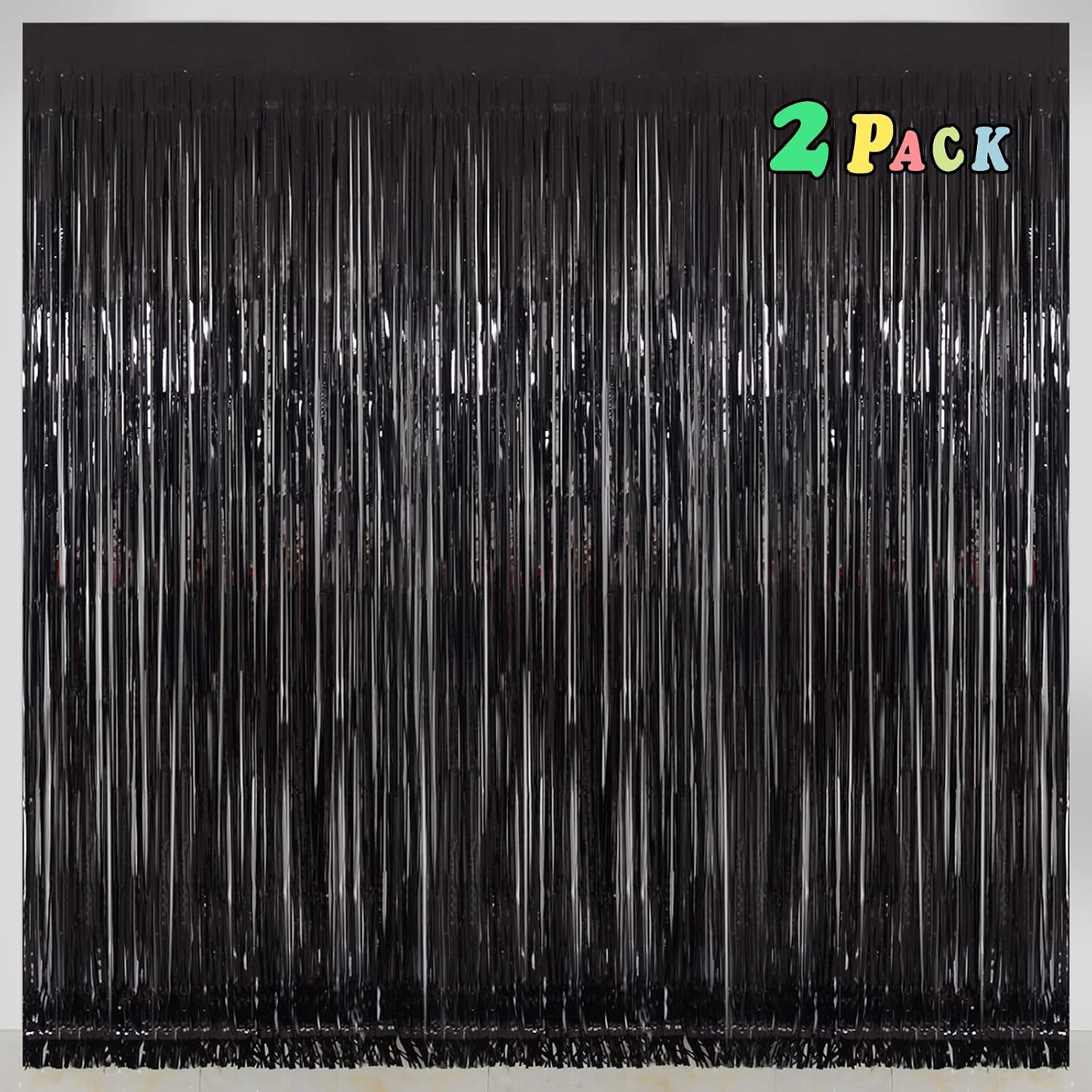 Melsan Black Foil Fringe Backdrop Curtains - 32 x 8 ft Pack of 2