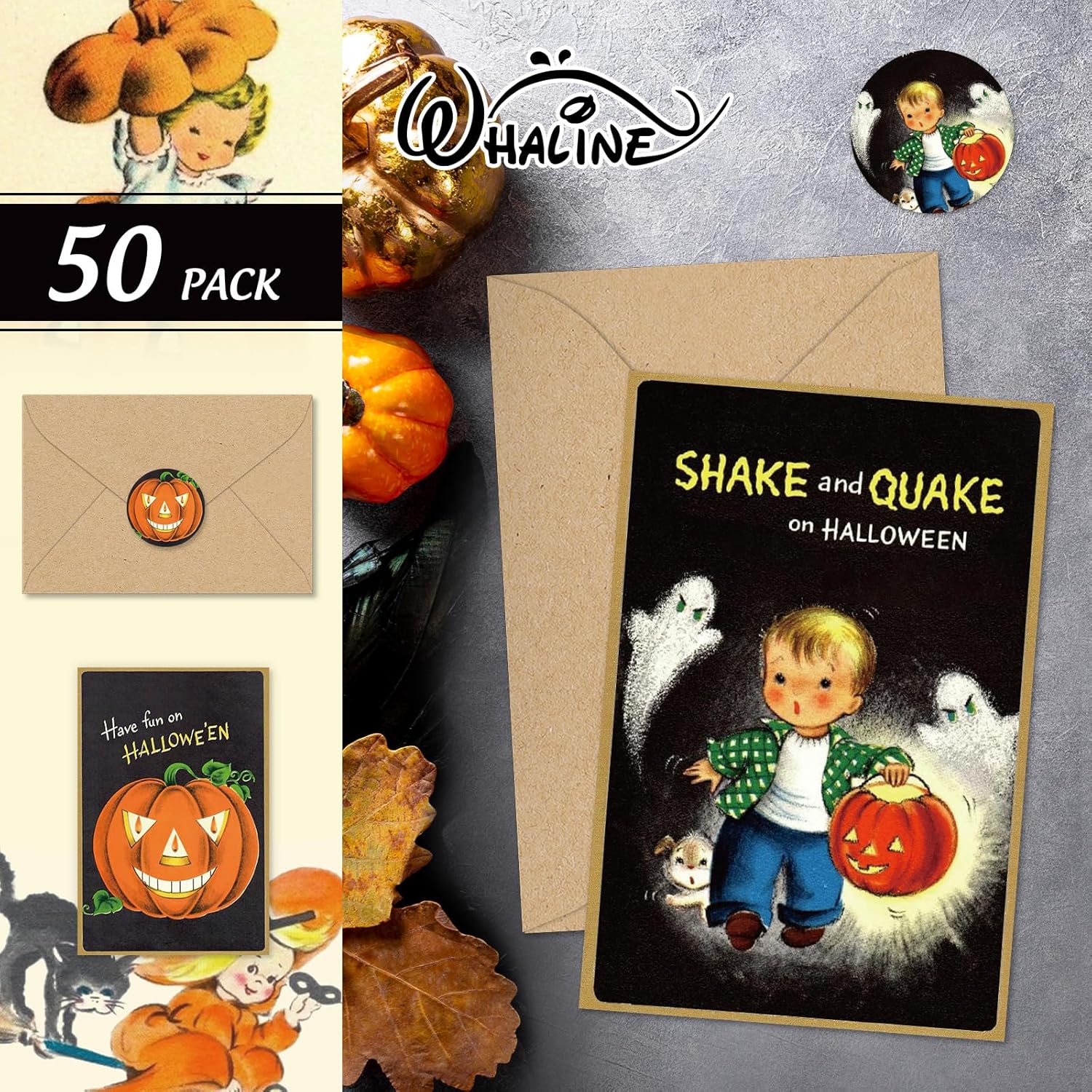 Whaline 50 Pack Halloween Greeting Cards with Sticker Envelopes