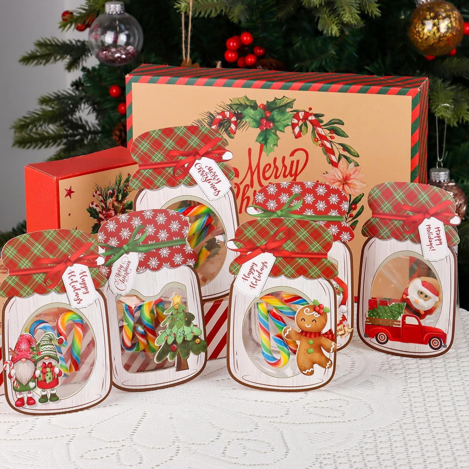 Giiffu 48 Pack Christmas Mason Jar Cards with Clear Treat Bags