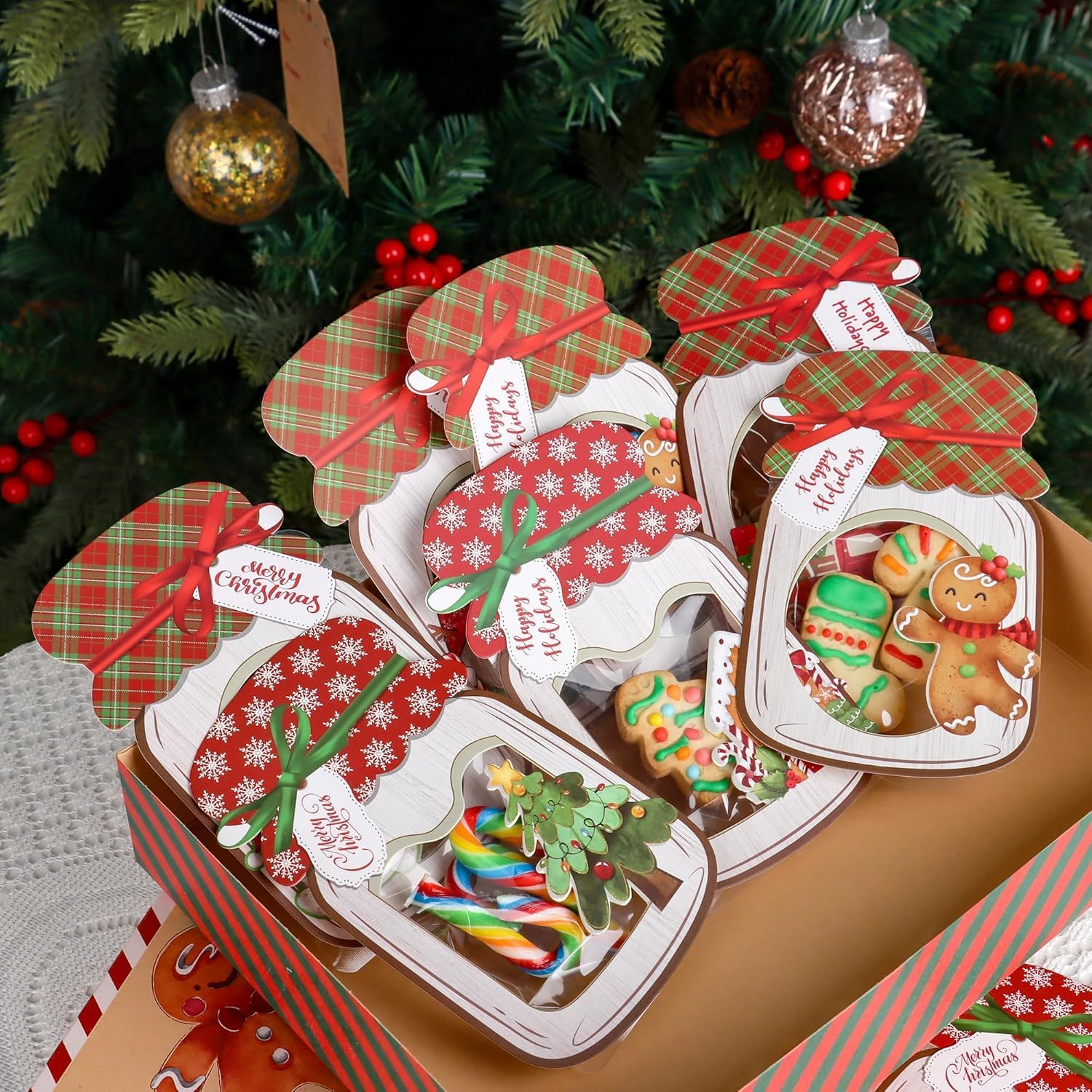 Giiffu 48 Pack Christmas Mason Jar Cards with Clear Treat Bags