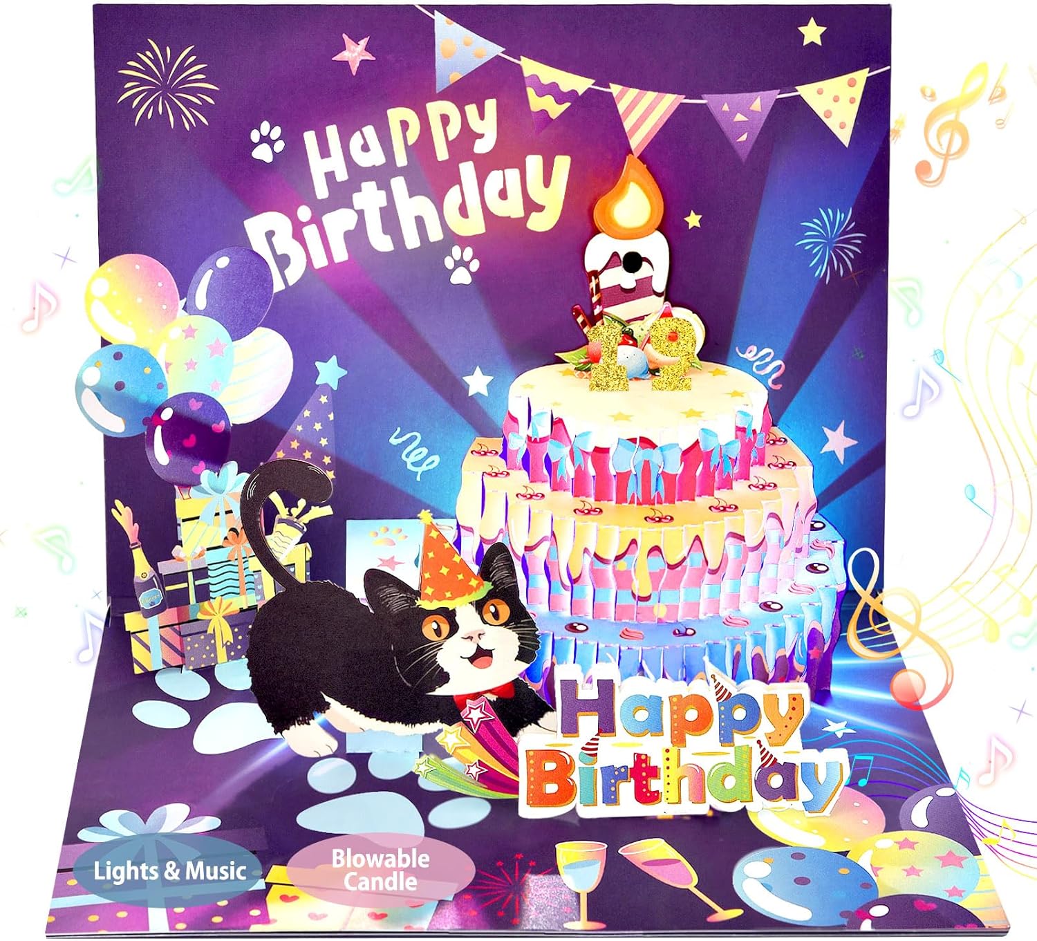 OBSEDE Cat Birthday Card with 3D Pop Up and Music