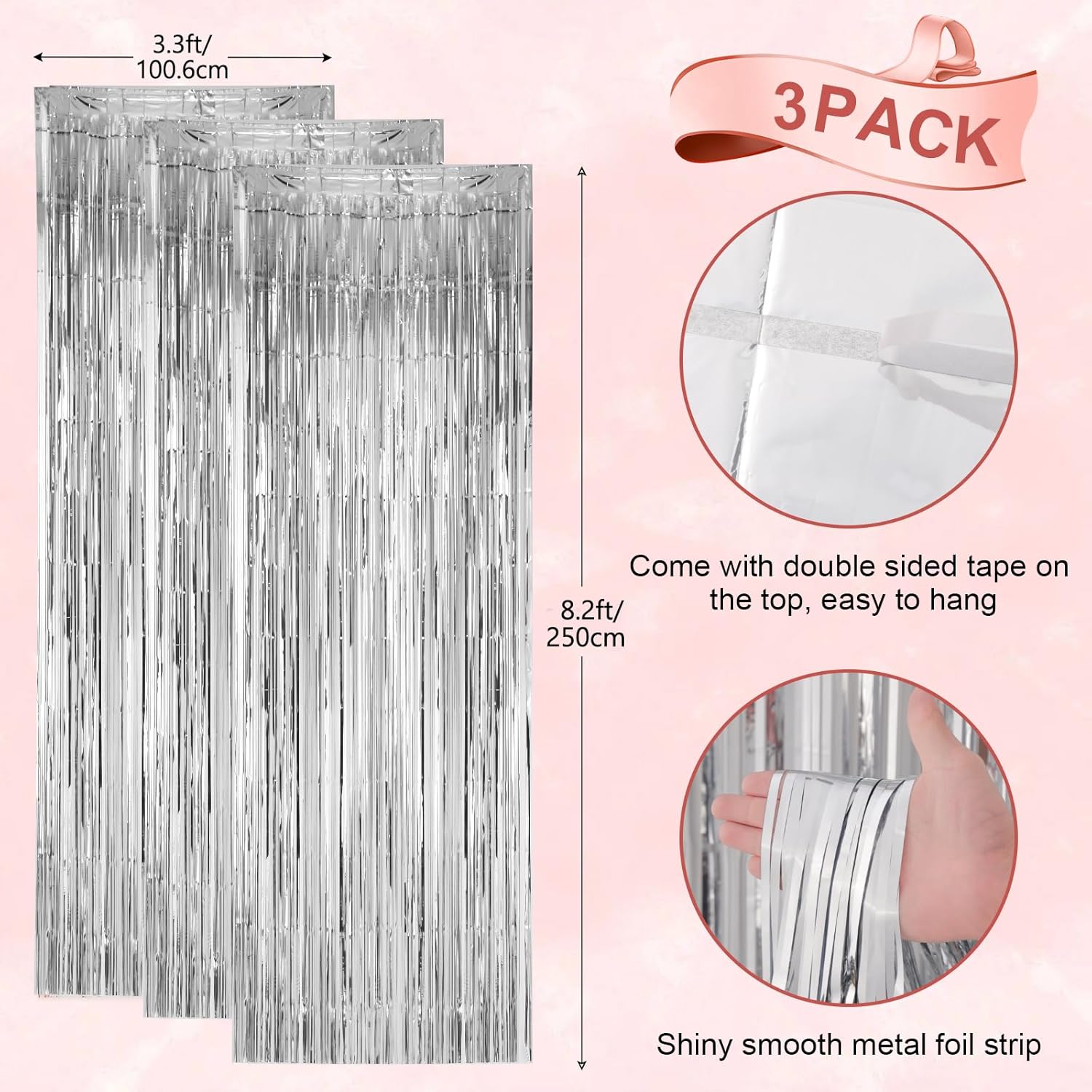 3 Pack 33x82 Feet Silver Foil Fringe Backdrop Curtains