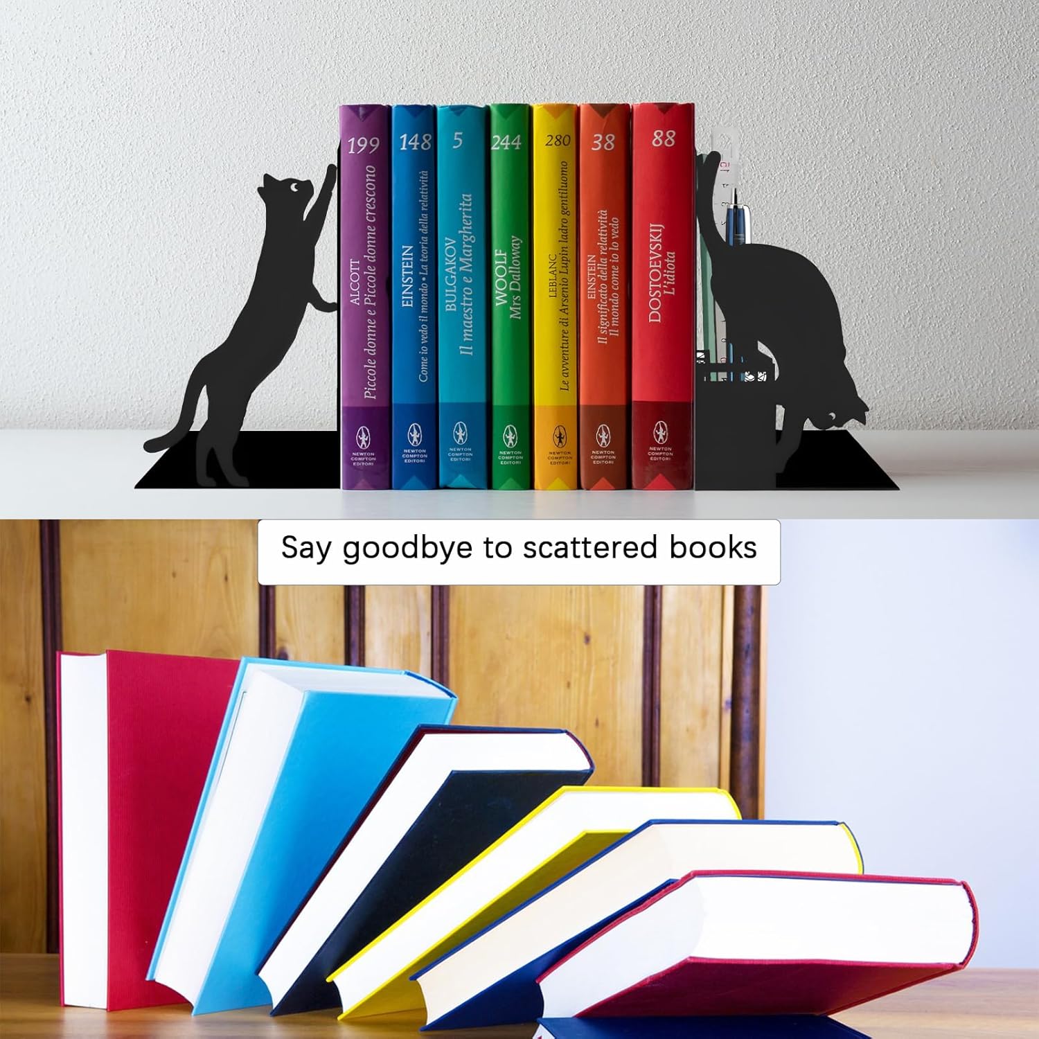 Cat Book Ends with Pen Holder for Desk and Bookshelf