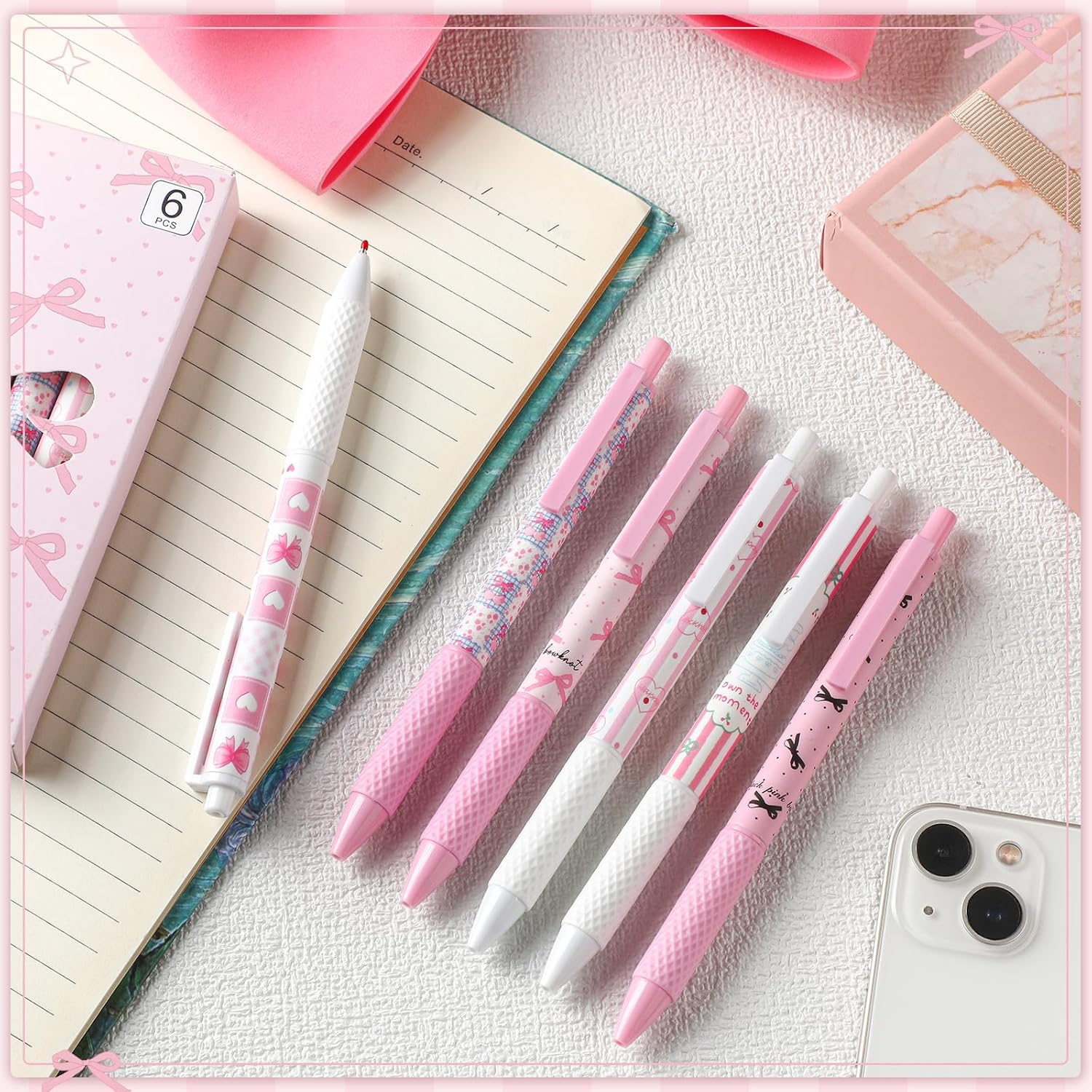 12 Pcs Coquette Bow Pens Pink Girly Set