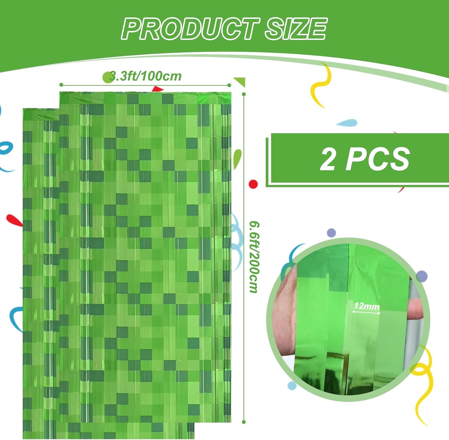 2 Pcs Pixel Green Miner Theme Tinsel Curtains