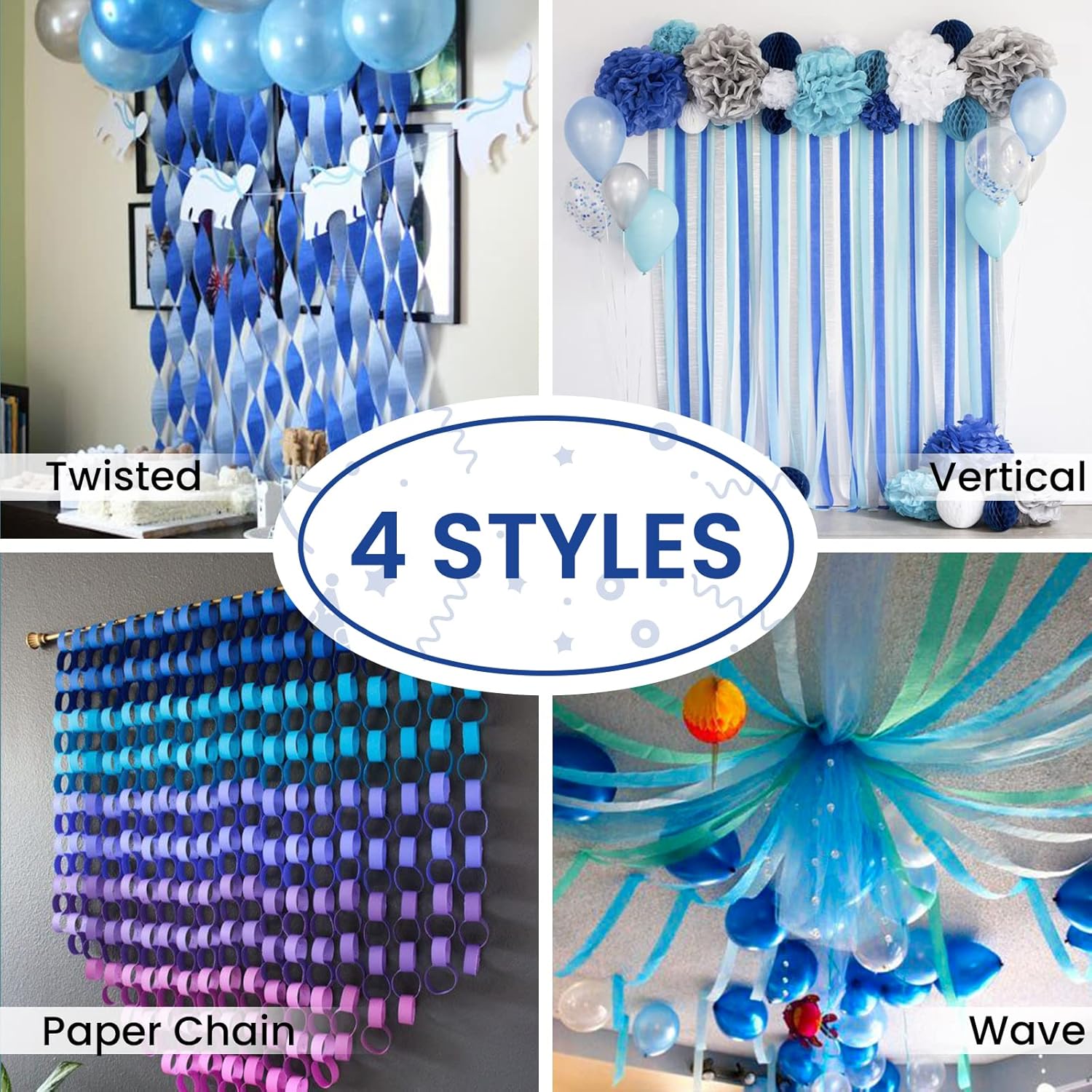 PartyWoo Crepe Paper Streamers 4 Rolls Blue 82ft