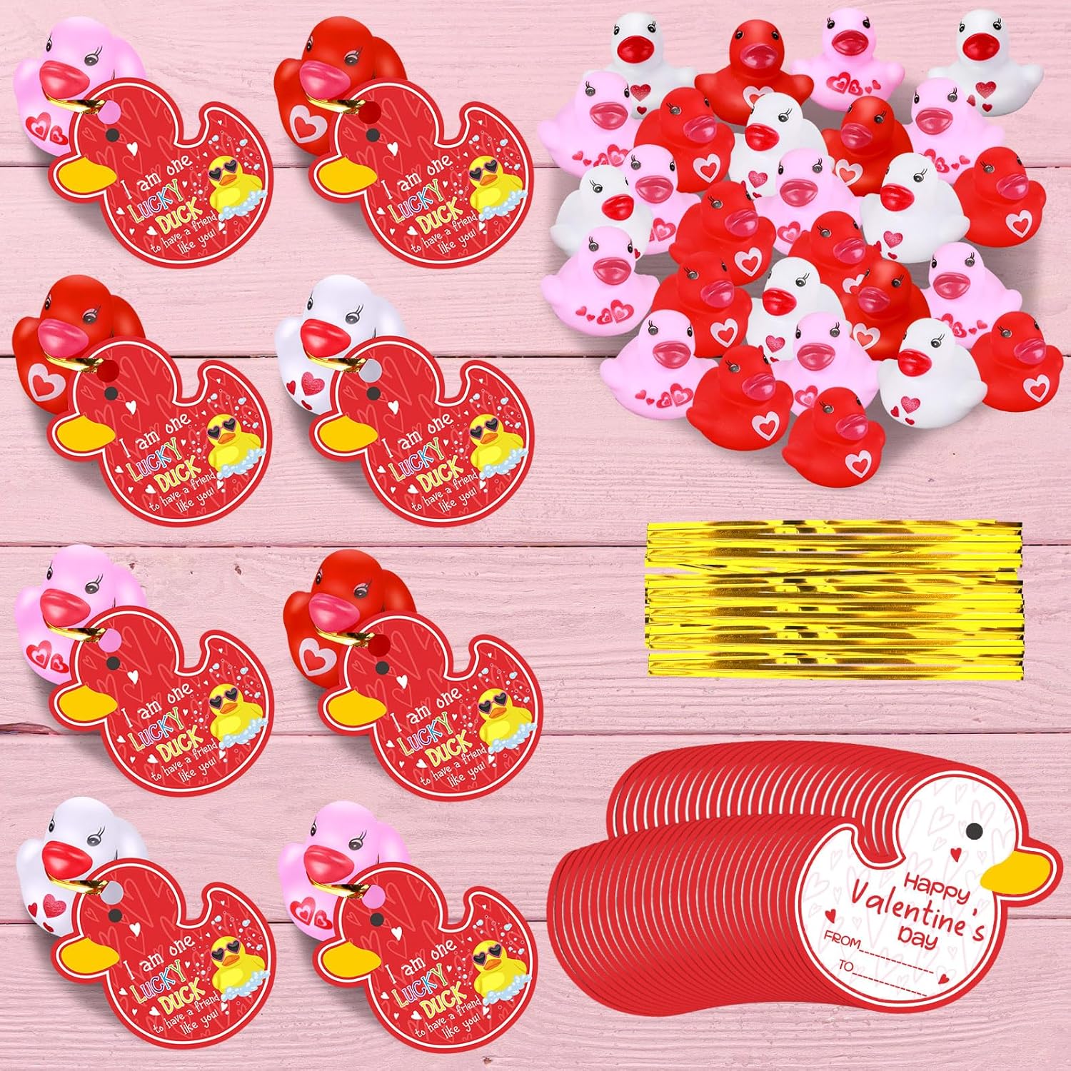 30 Valentines Day Rubber Ducks with Gift Cards and Gold Foil Strings