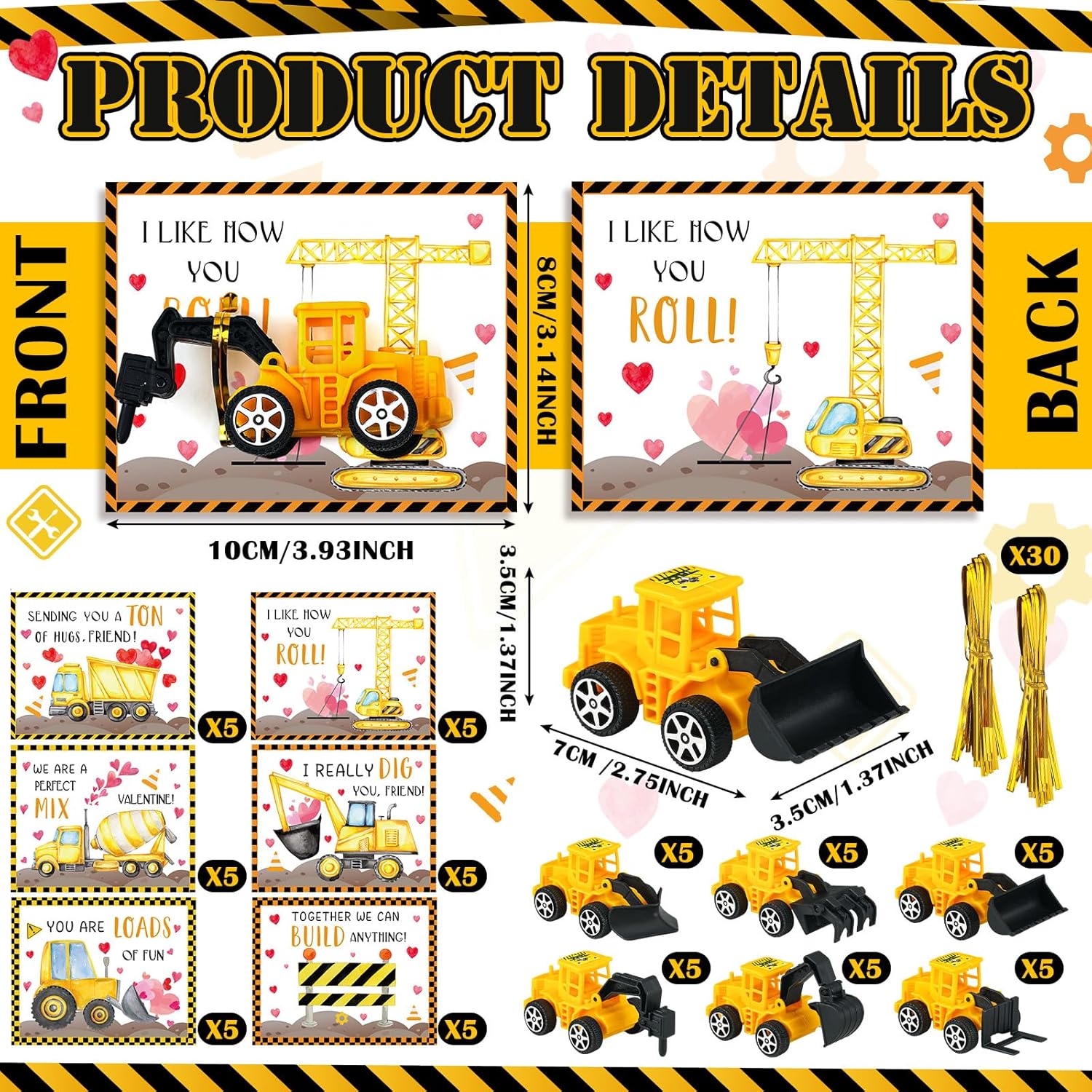 30 Construction Vehicle Valentine Cards Set for Classroom Party Favors