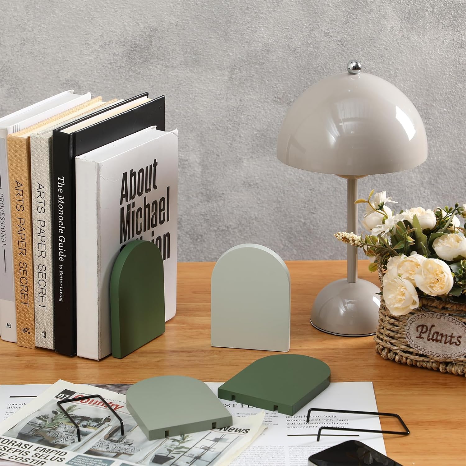 Honoson 4 Pcs Sage Green Wooden Bookends
