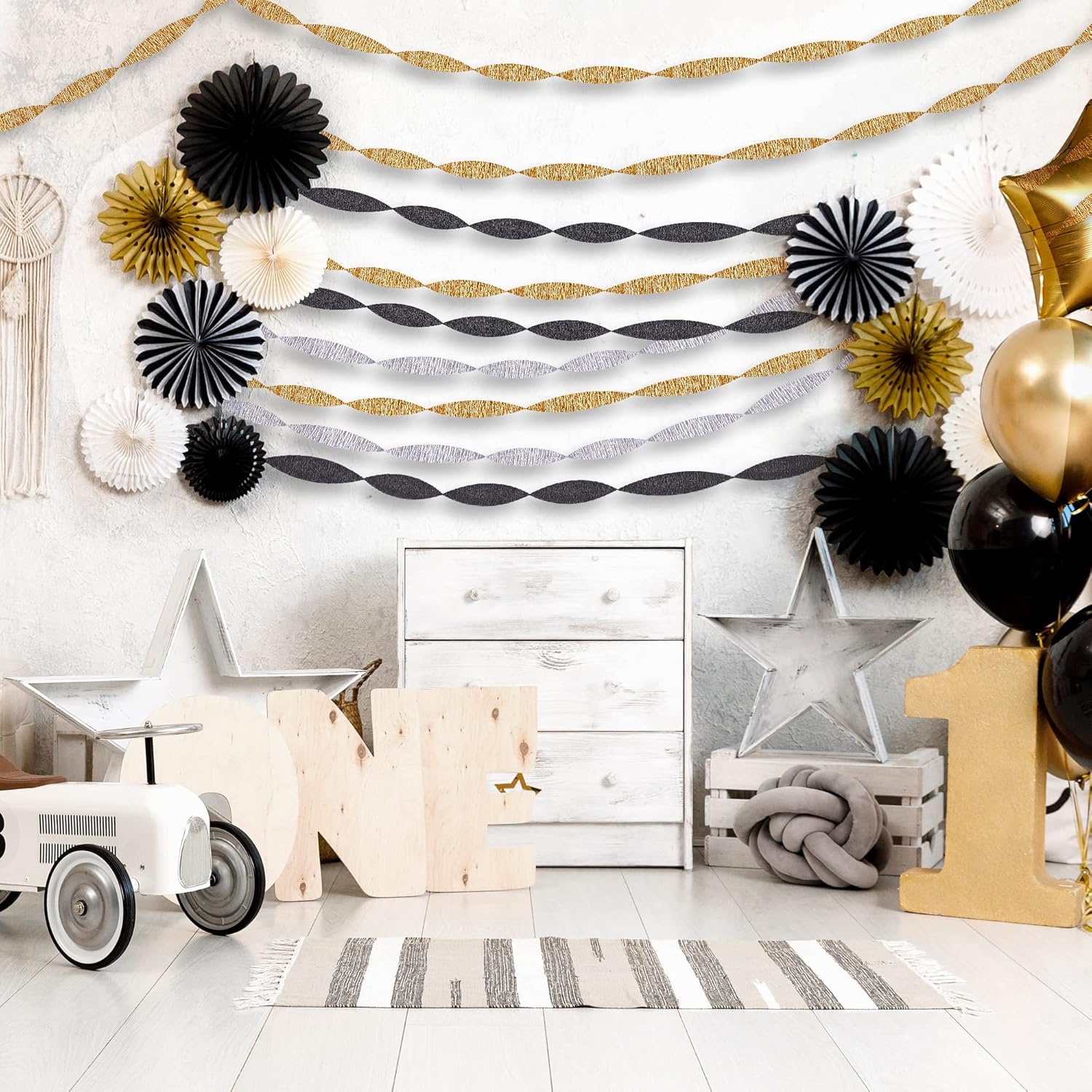 Qouui 6 Rolls Black and Gold Streamers Crepe Paper Kit