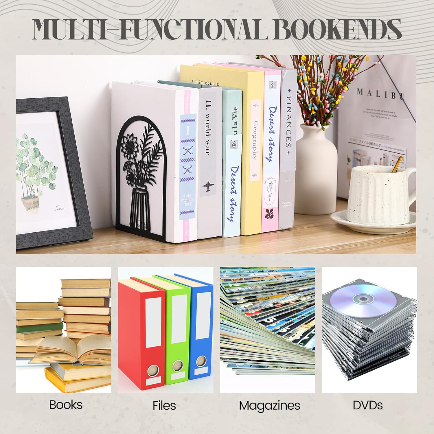 Feifeiya 6 Pair Black Metal Bookends Set