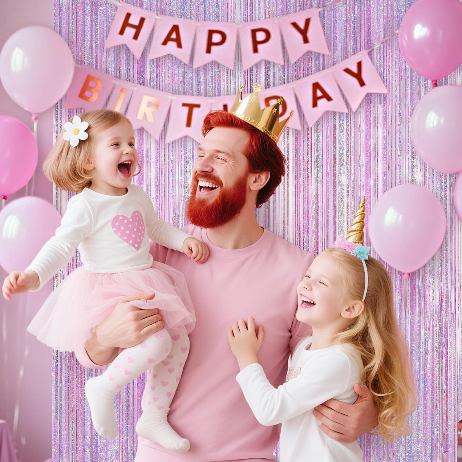 2 Pack Pink Tinsel Foil Fringe Party Backdrop Curtains 32x82ft