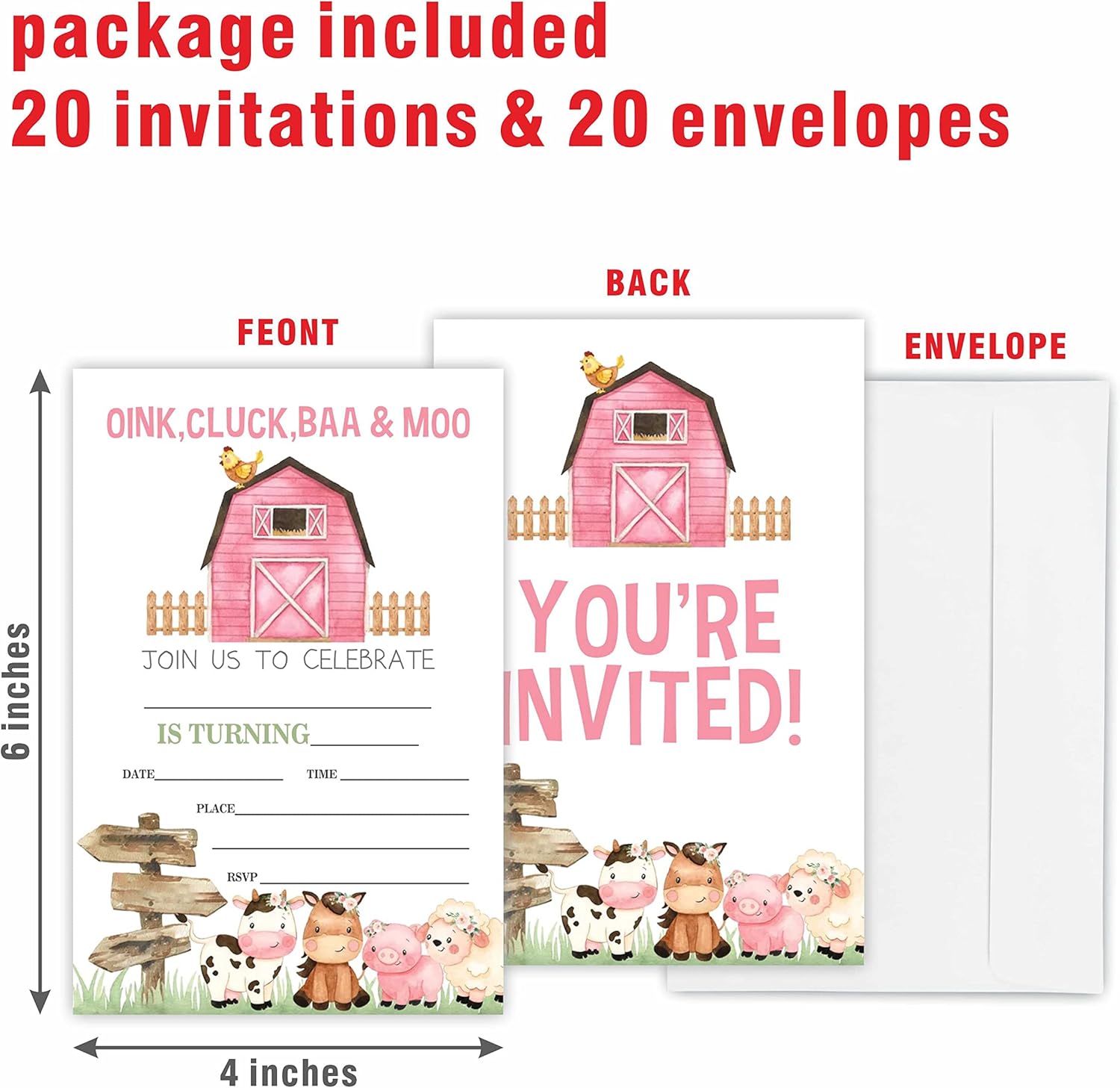 Farm Birthday Party Invitation Cards with Envelopes 20 Count