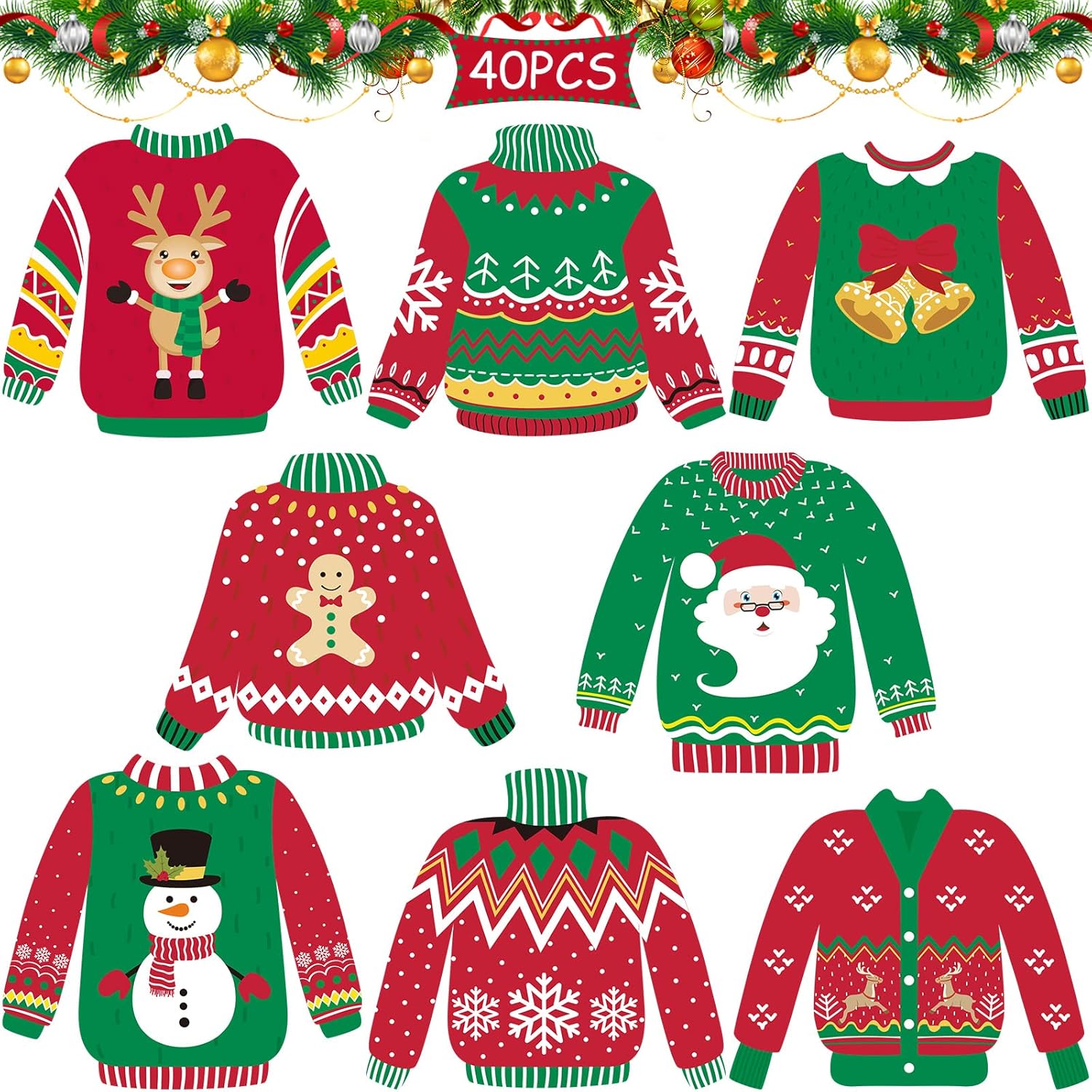 40 Piece Ugly Sweater Cutouts for Christmas Party Decorations