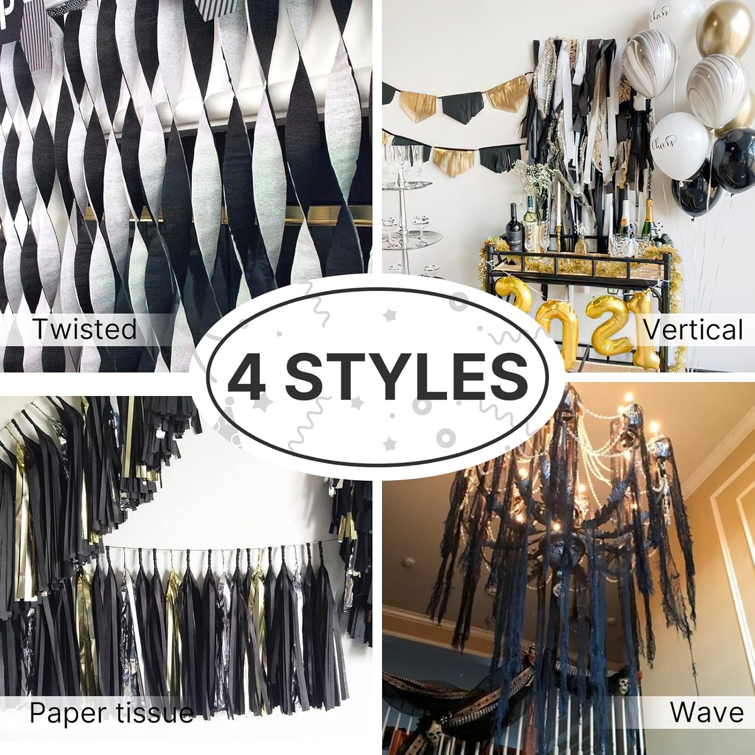 PartyWoo Black Crepe Paper Streamers 10 Rolls 820ft Pack
