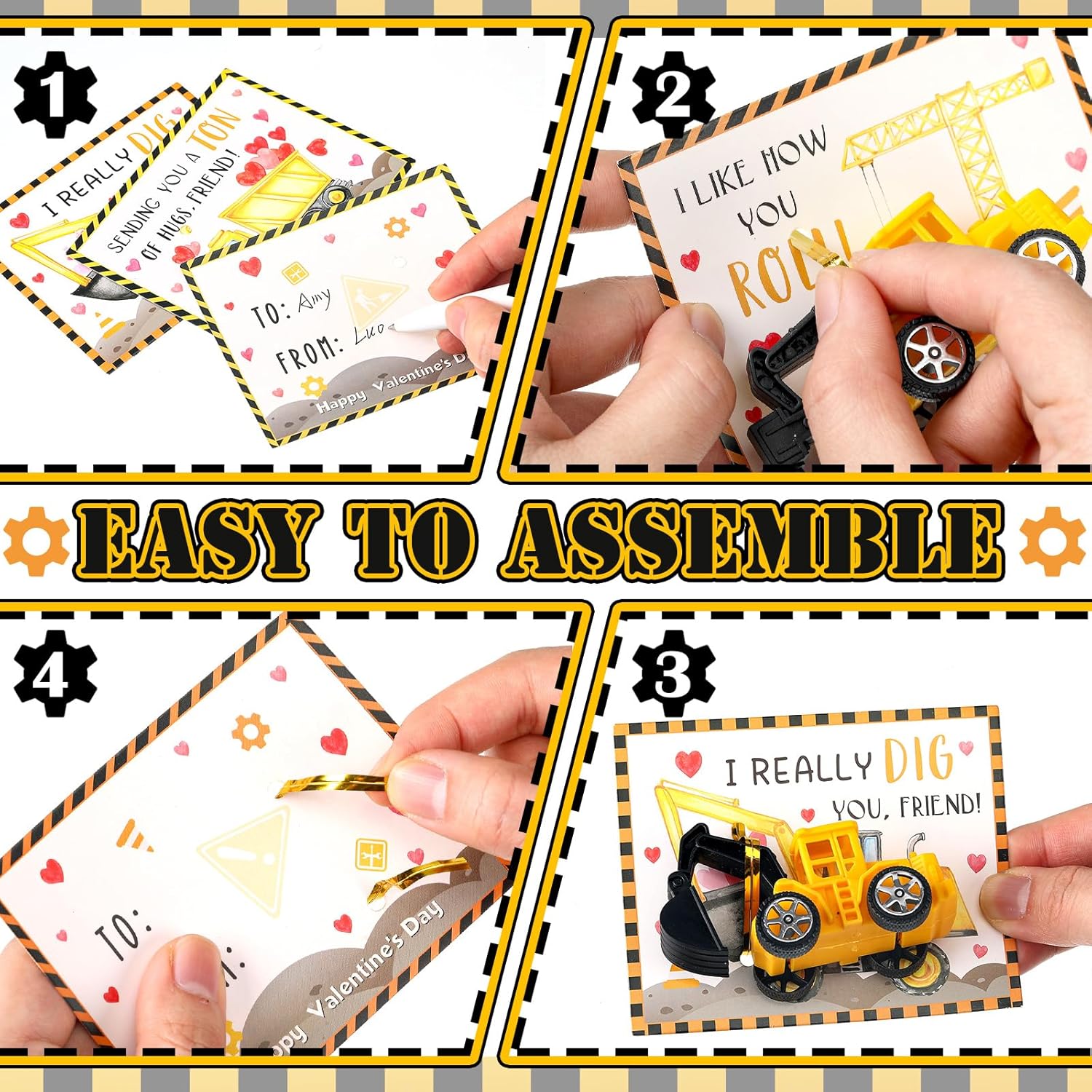30 Construction Vehicle Valentine Cards Set for Classroom Party Favors