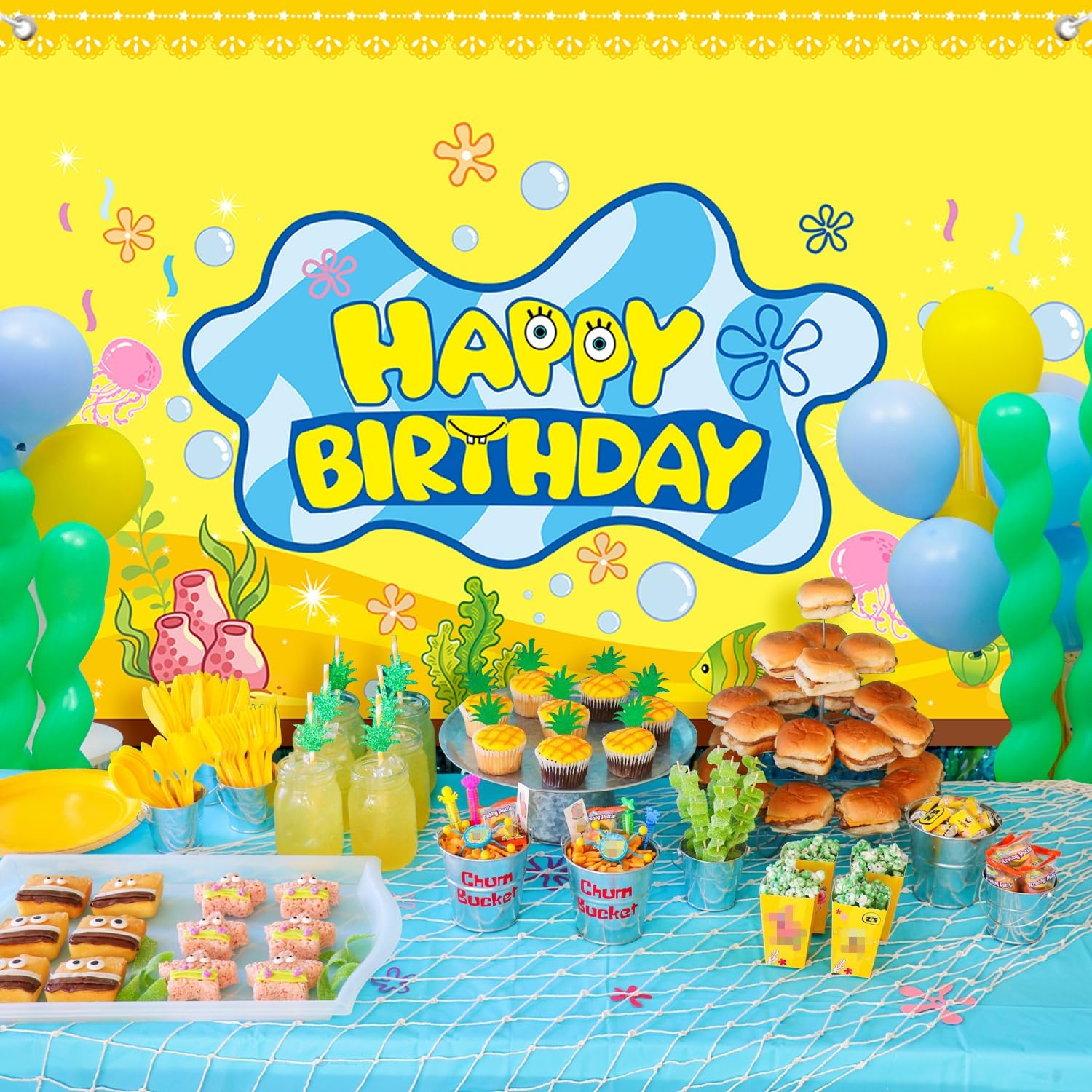 DUNSEO Cartoon Sponge Birthday Banner 5x3ft Backdrop