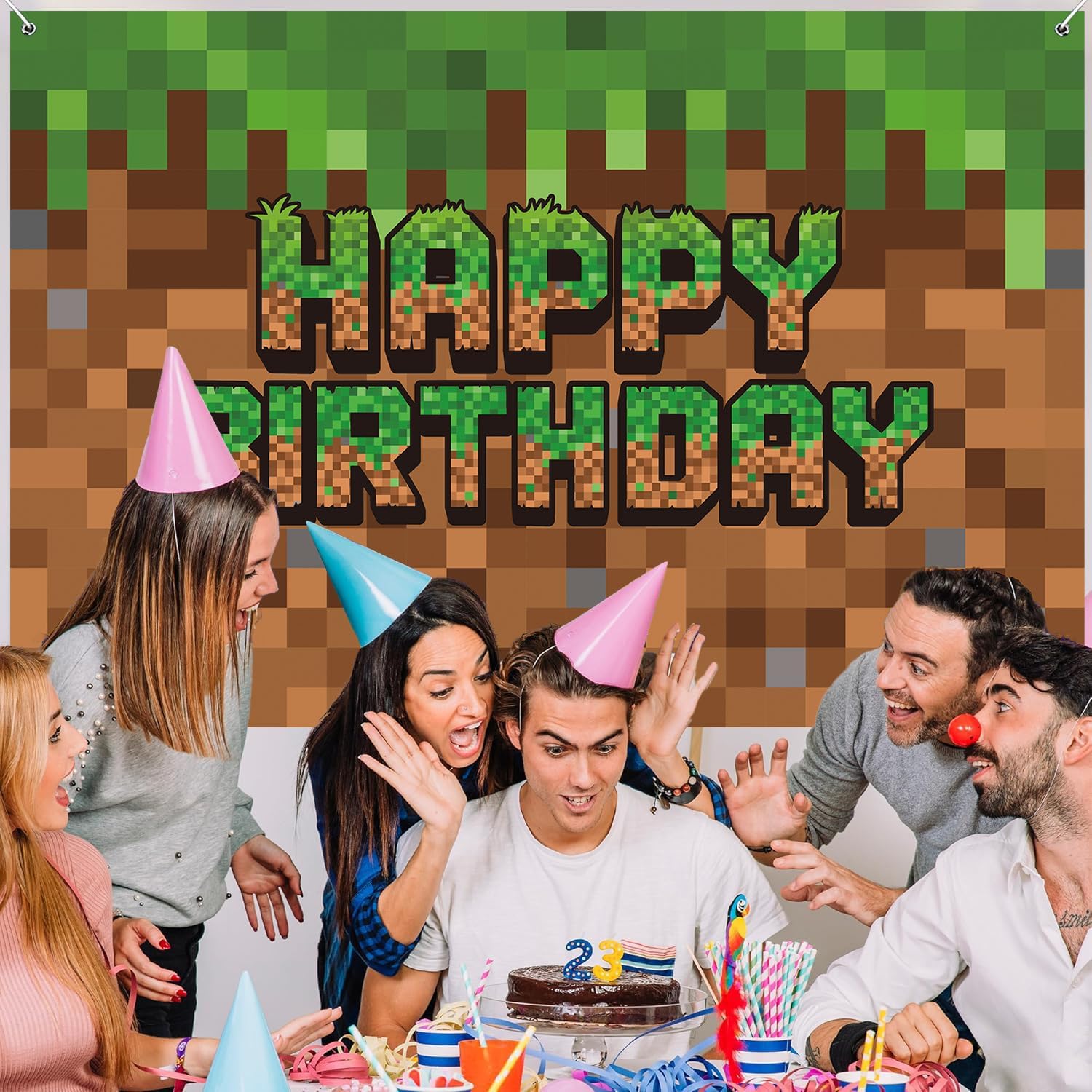 Green and Brown Video Game Themed Birthday Backdrop Banner