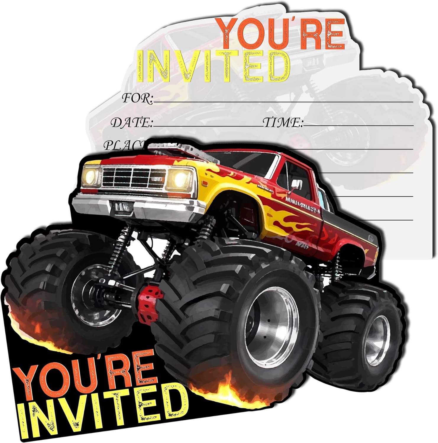 Monster Truck Party Invitations 20-Pack with Envelopes
