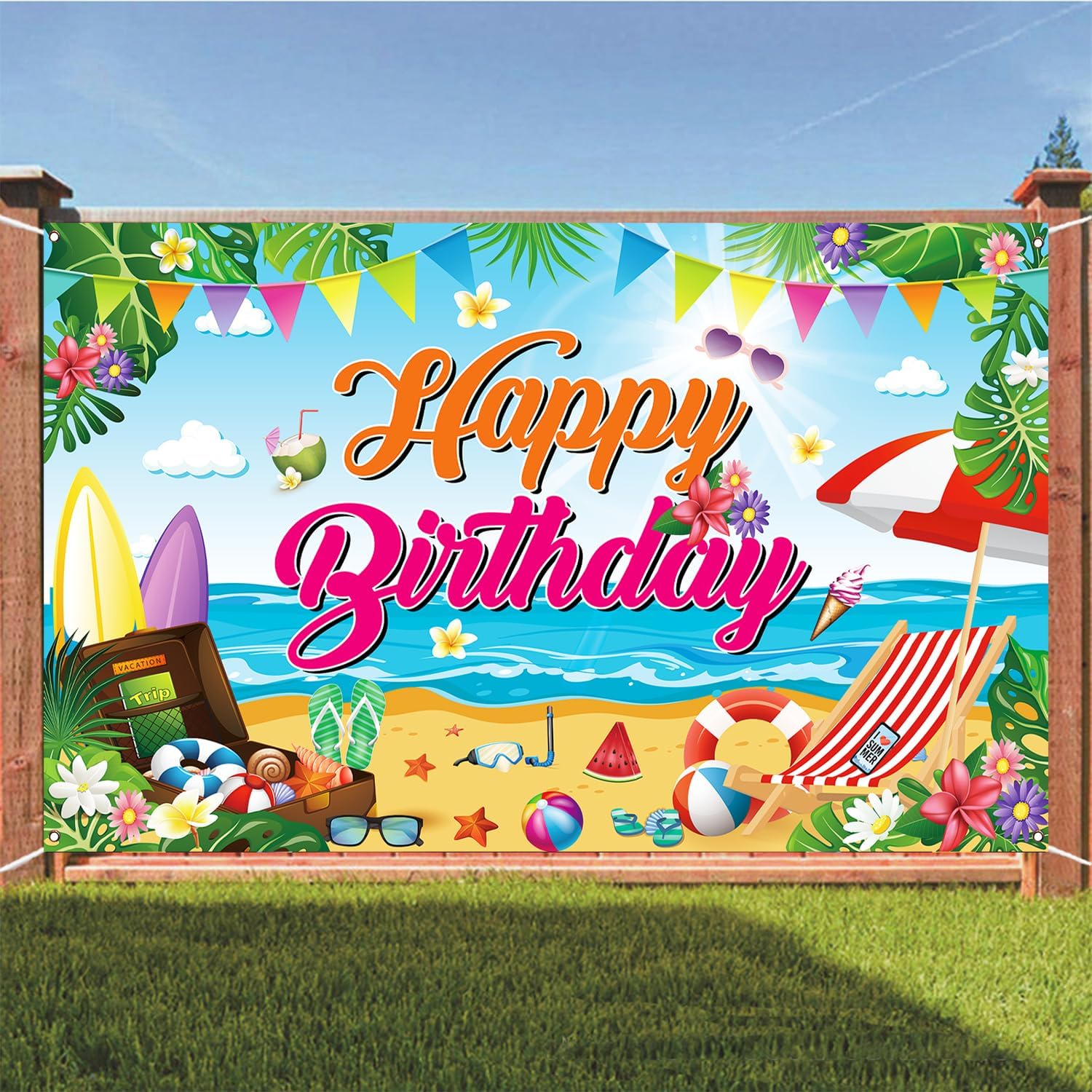 Aushenke Summer Beach Birthday Backdrop Banner 71x43 Inches
