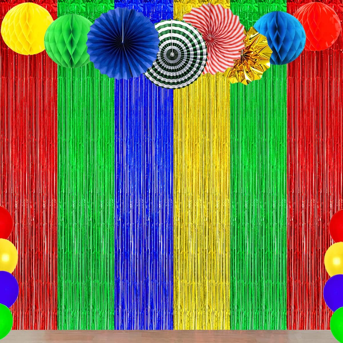 Blue Red Green Yellow Party Decor Backdrop Curtain 3Pack