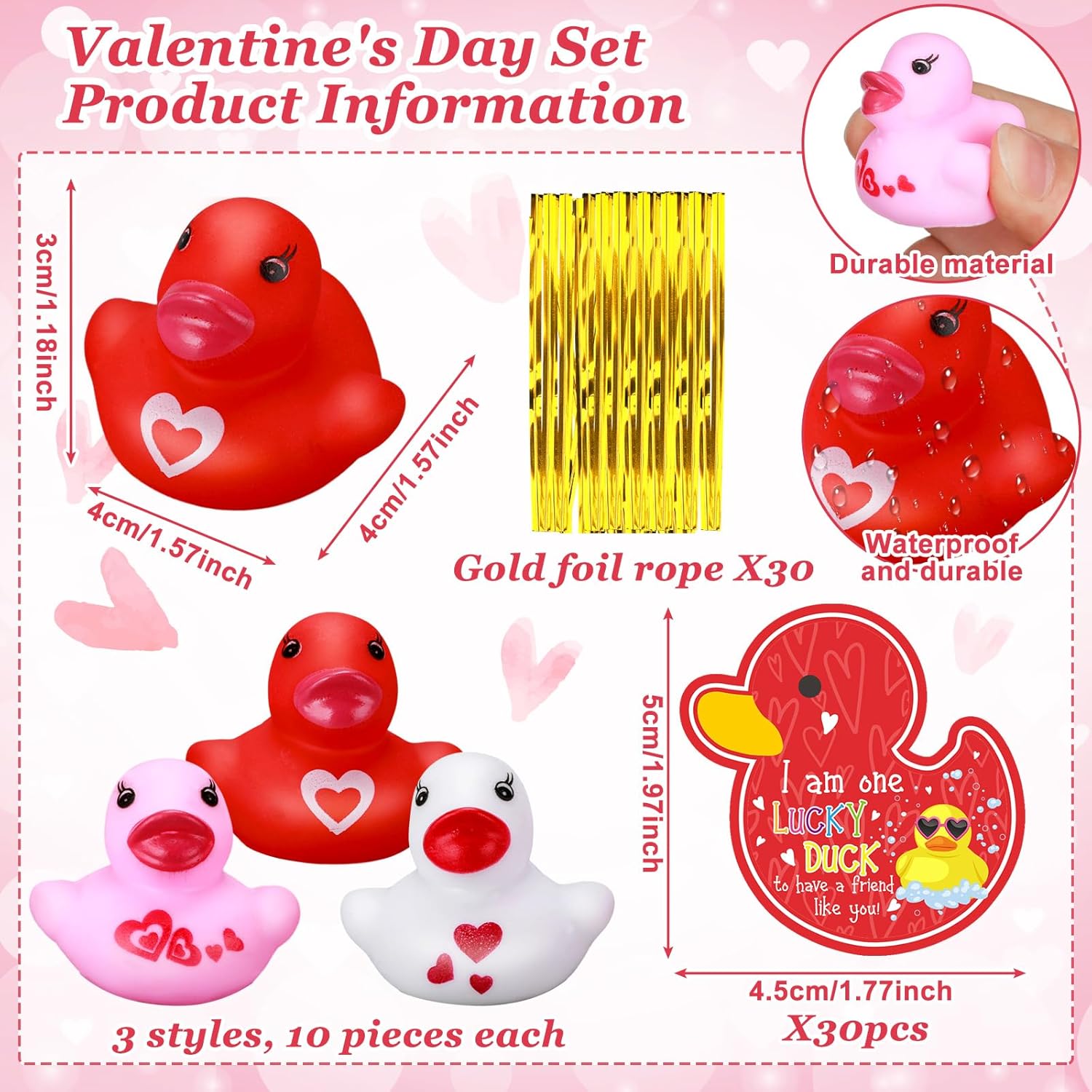 30 Valentines Day Rubber Ducks with Gift Cards and Gold Foil Strings