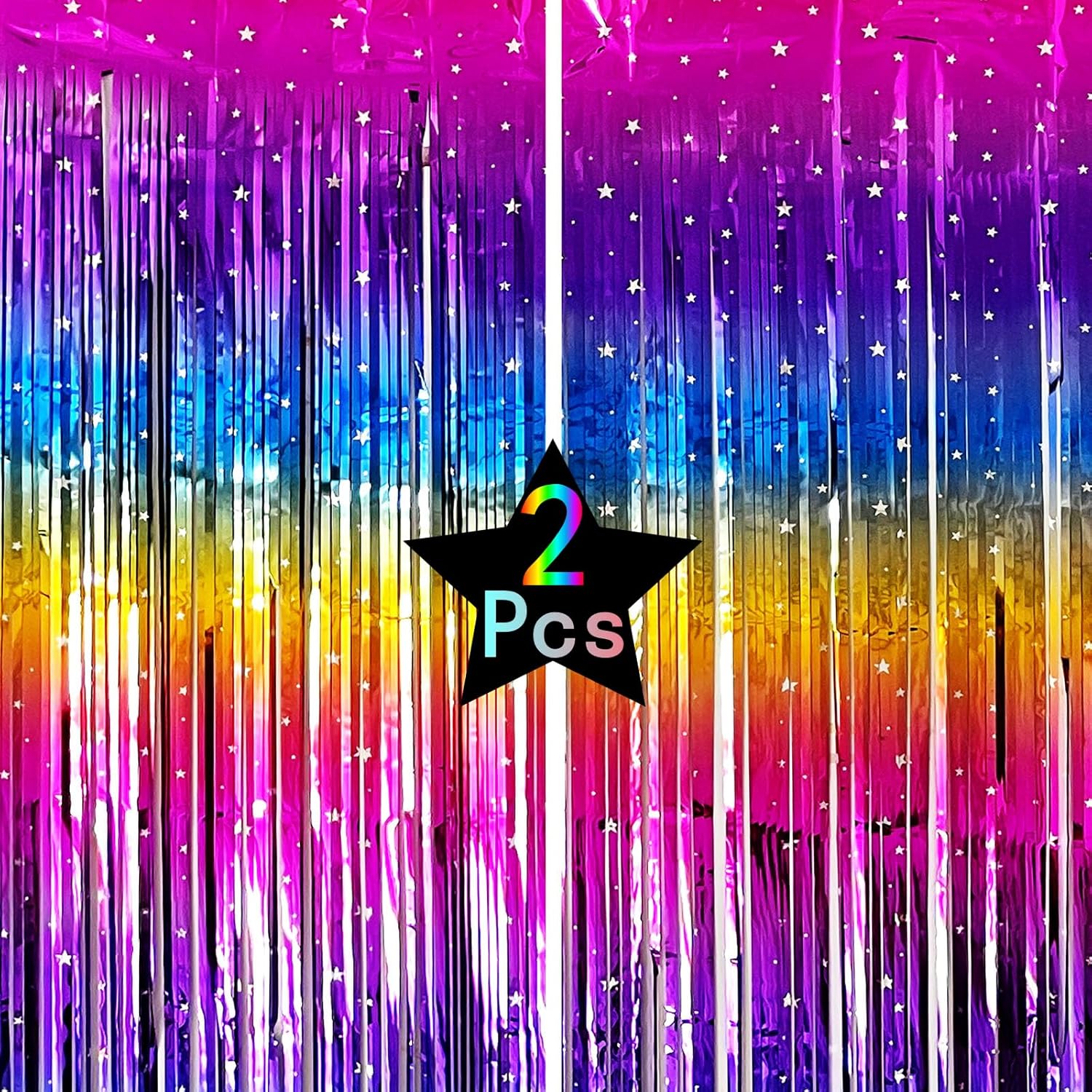 Rainbow Metallic Tinsel Foil Fringe Curtains 2 Packs